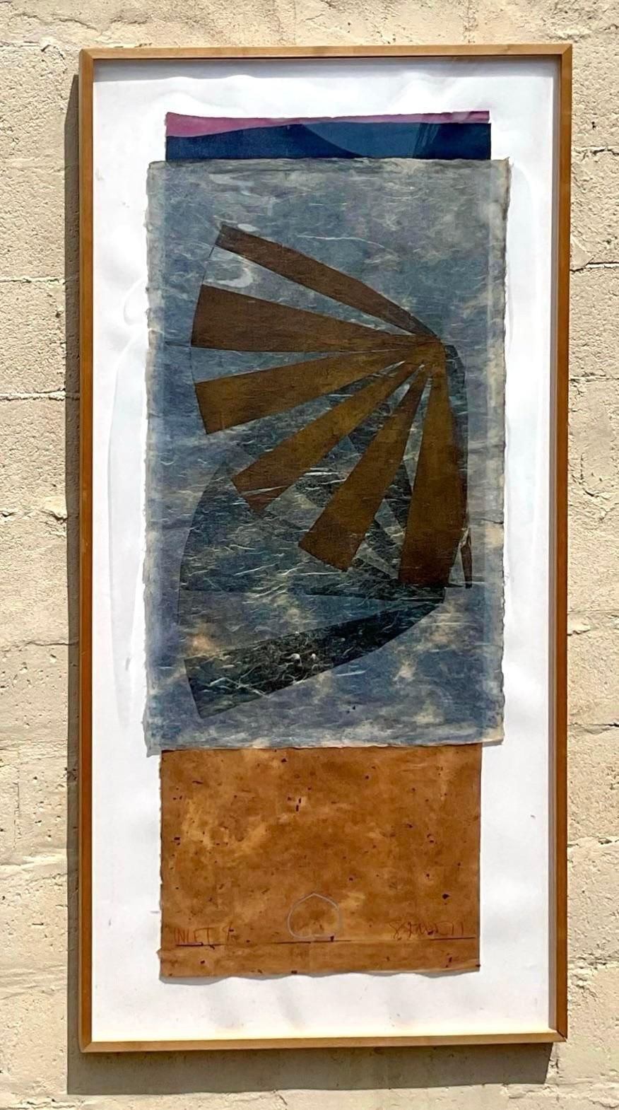 Original signed and numbered monumental, mixed media art piece. Scott Sandell likely created this piece in the 70s or 80s. Sandell is known for this type of work on Japon paper. Sandell often shows this technique with Japanese Kozo handmade paper