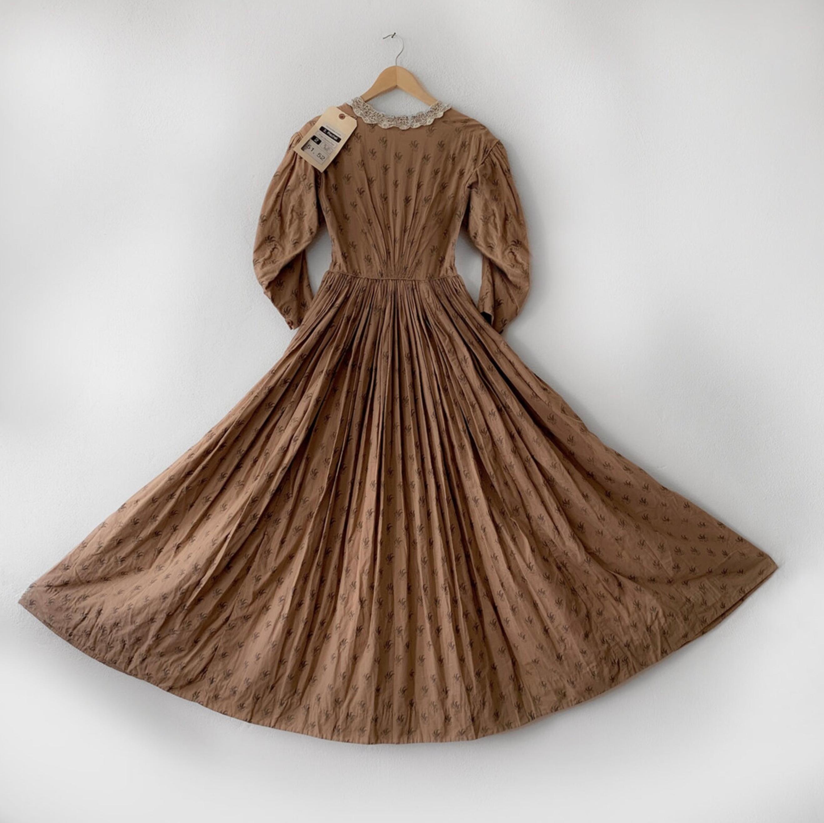 Brown Original Screen Worn Movie Dress Period 1800 Calico Prairie Lace Vintage Antique For Sale