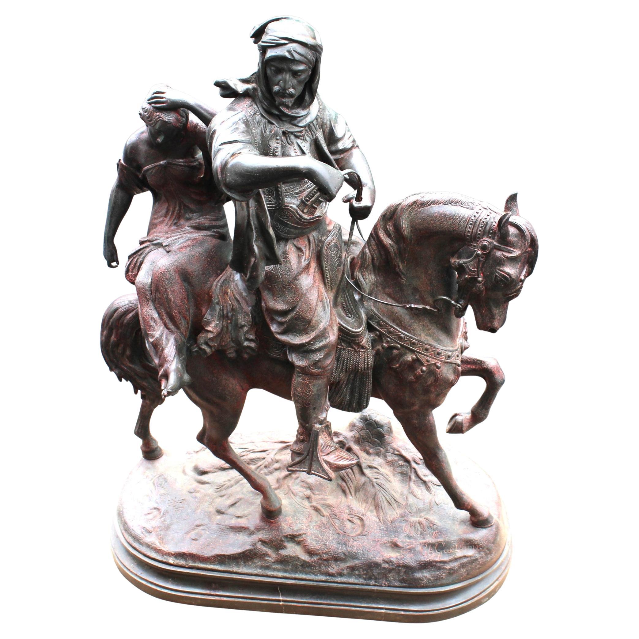 Scultura originale, doppia figura di un arabo a cavallo e di una ragazza firmata da