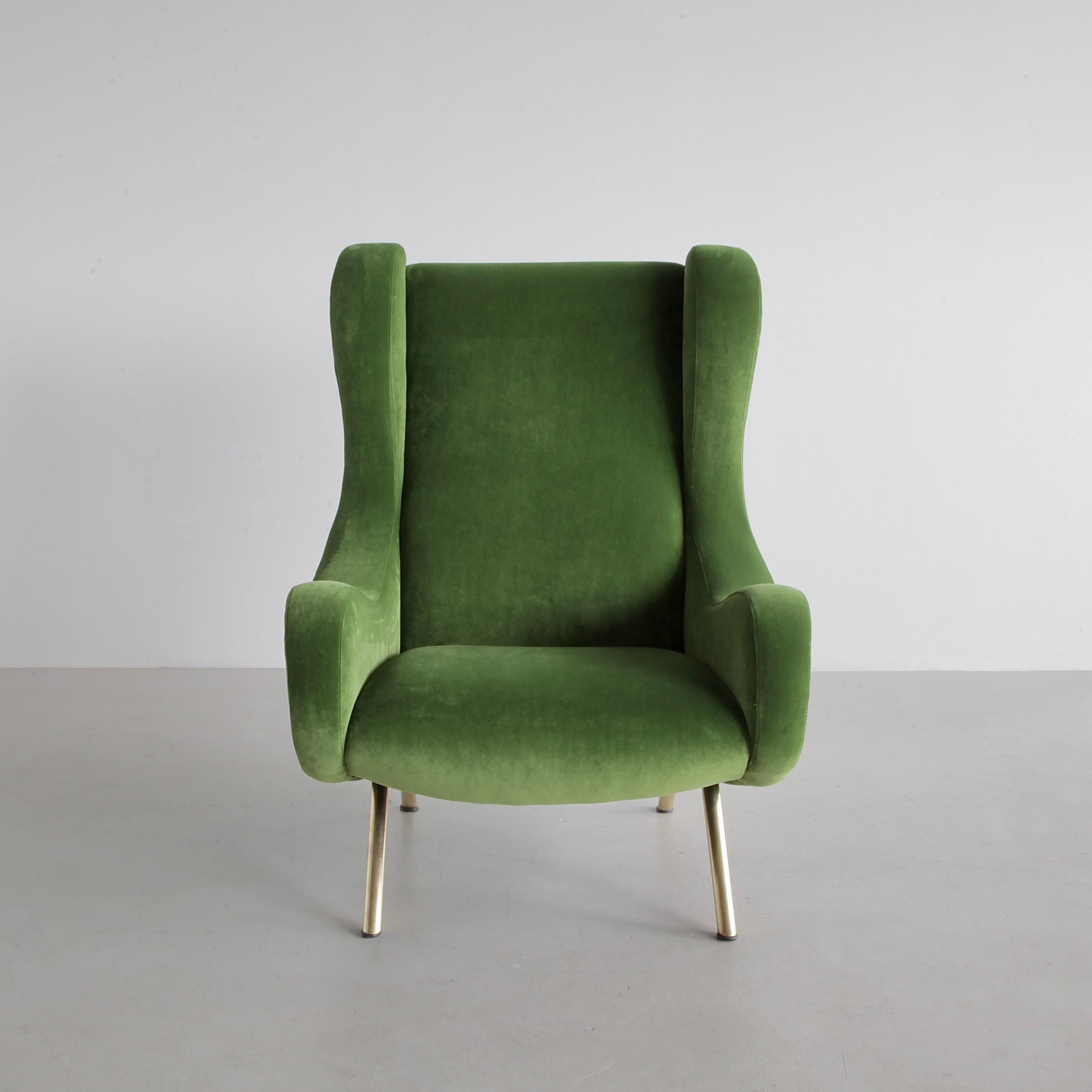 An early original 'Senior' lounge chair, upholstered in new green English velvet. Metal frame with brass leg fittings and wooden construction.

Literature: Repertorio del Design Italiano 1950-2000, p. 25, illustrated.

Marco Zanuso (Milan, Italy