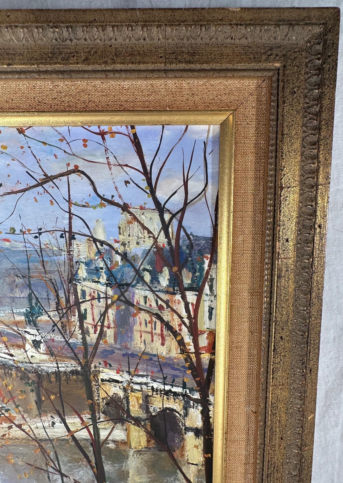 Original Serge Belloni Parisian Cityscape Painting. Signed Framed Seine in Autumn.
Charming Parisian view of the Seine in Autumn, cityscape, signed and framed oil on artist board by Serge Belloni. The painting displays essential features of