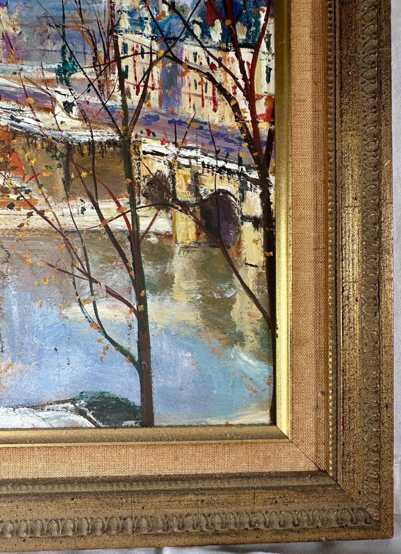 Autre Peinture originale de Serge Belloni représentant un paysage urbain parisien, la Seine, signée et encadrée.