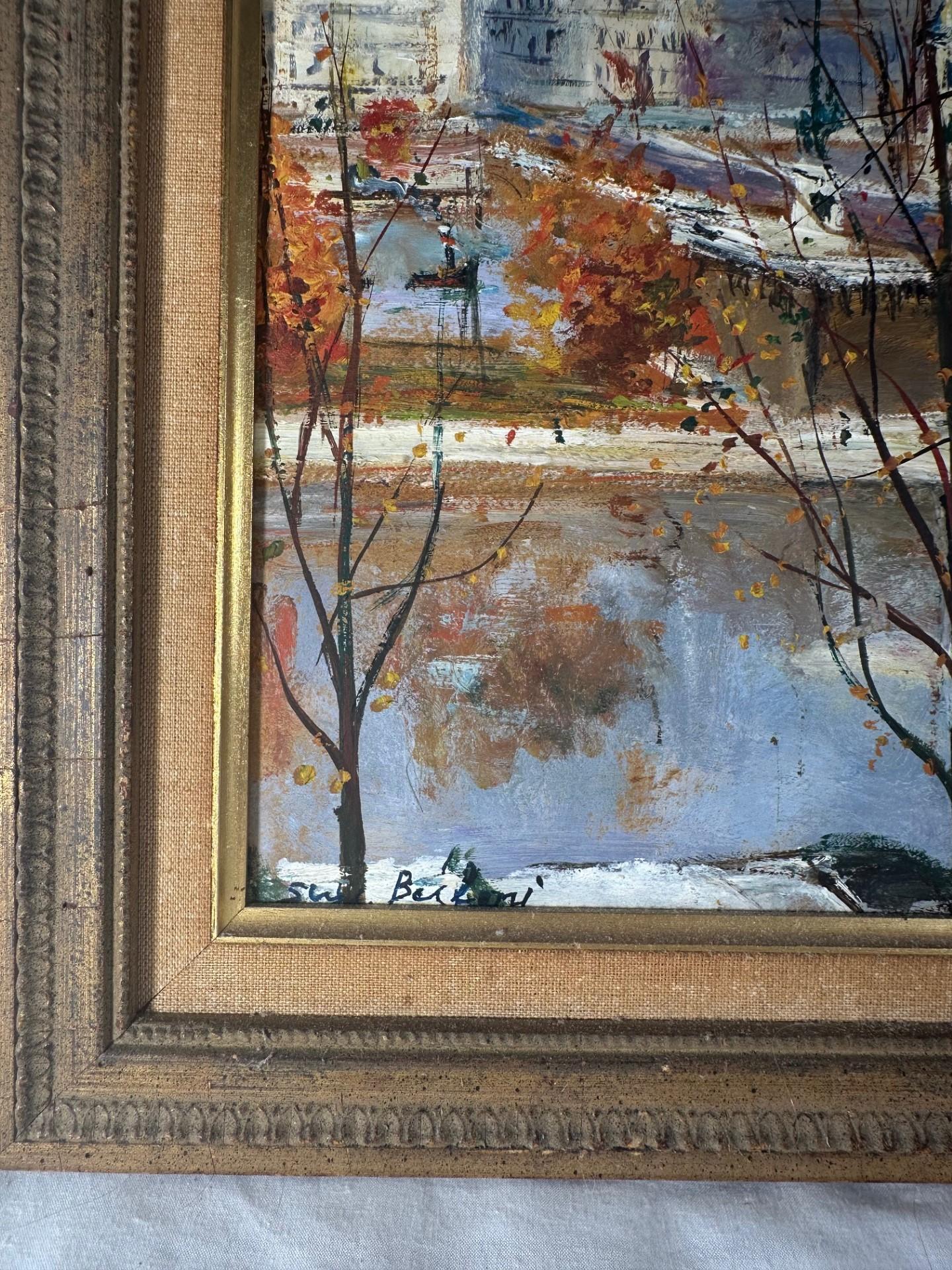 Français Peinture originale de Serge Belloni représentant un paysage urbain parisien, la Seine, signée et encadrée.