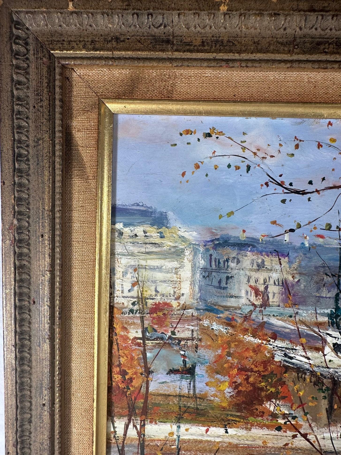 Peint à la main Peinture originale de Serge Belloni représentant un paysage urbain parisien, la Seine, signée et encadrée.