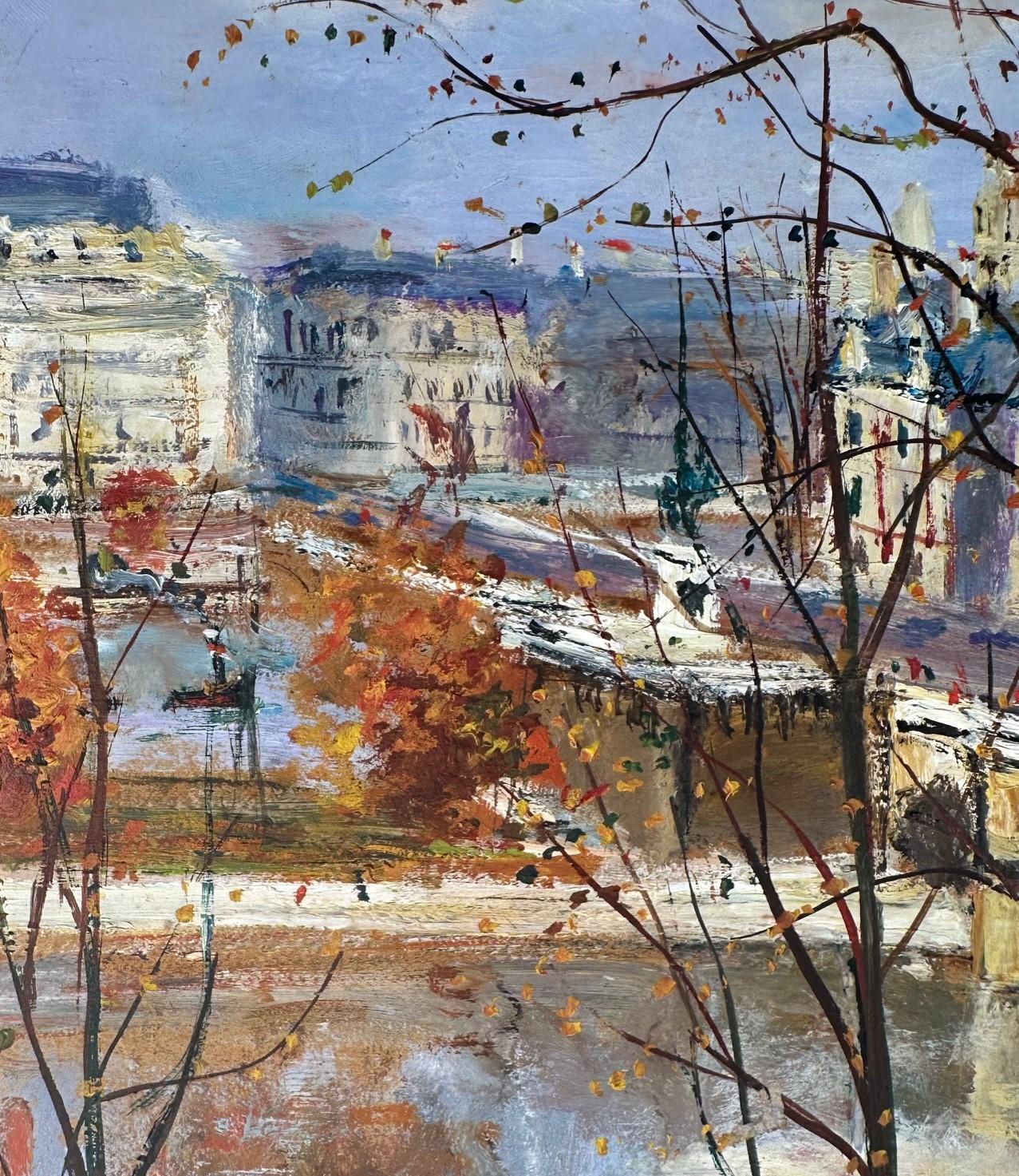 Peinture originale de Serge Belloni représentant un paysage urbain parisien, la Seine, signée et encadrée. Bon état à Vero Beach, FL