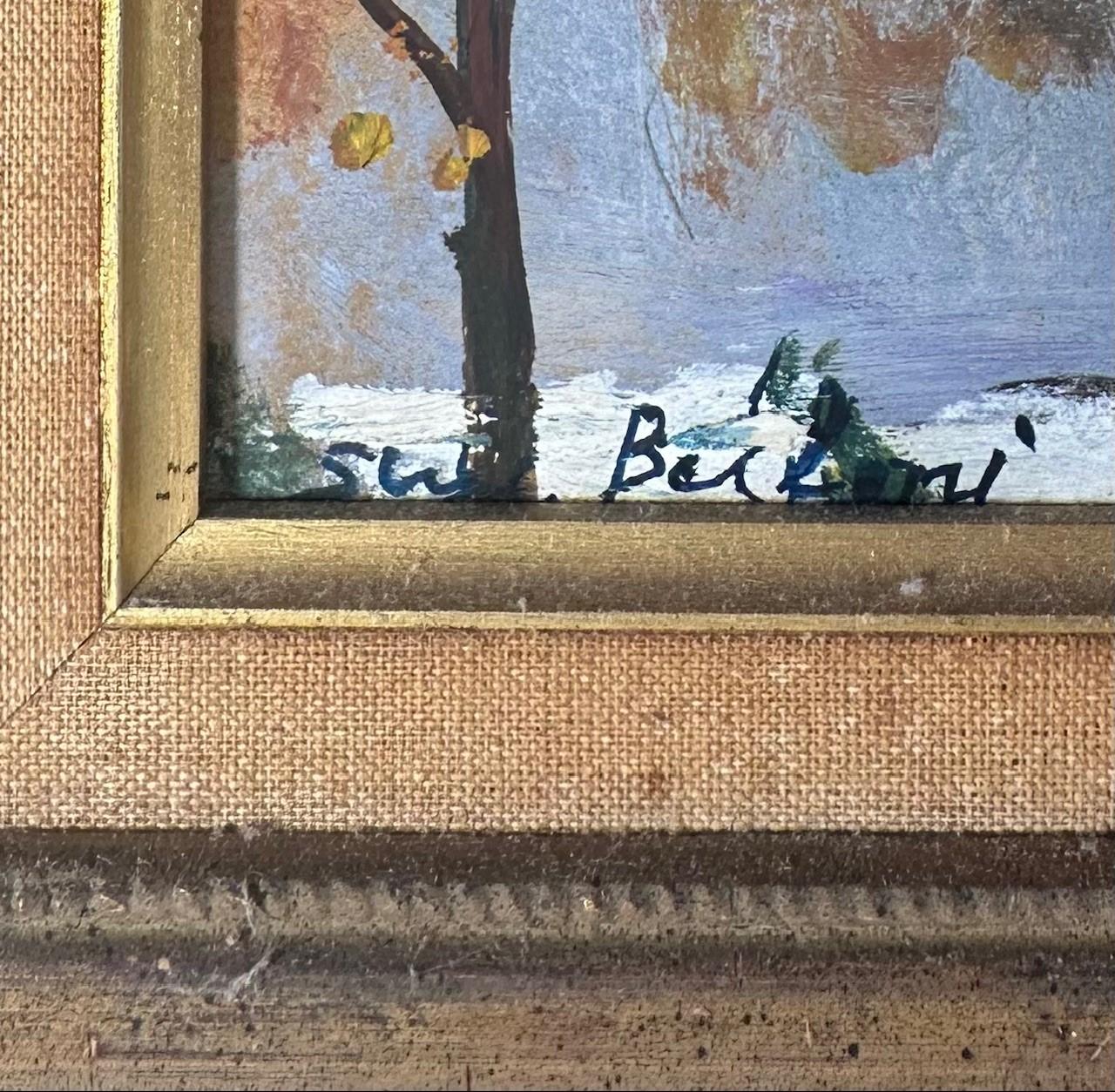 Bois doré Peinture originale de Serge Belloni représentant un paysage urbain parisien, la Seine, signée et encadrée.