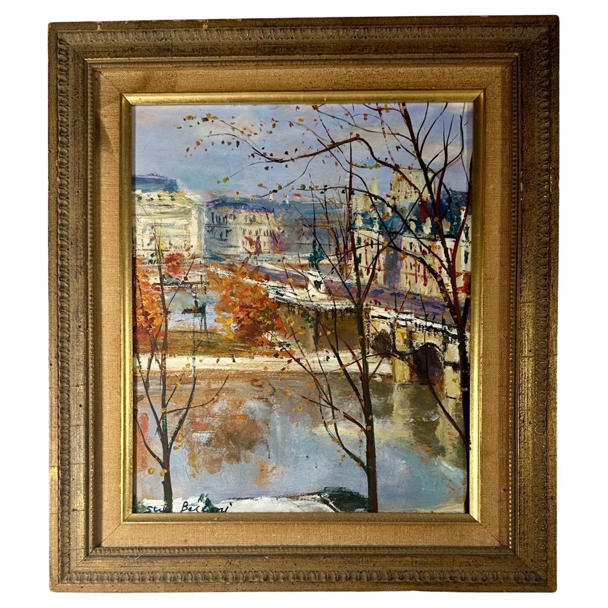 Peinture originale de Serge Belloni représentant un paysage urbain parisien, la Seine, signée et encadrée.