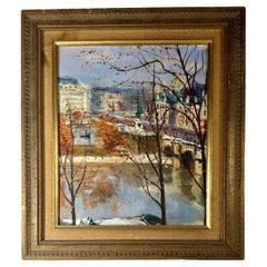 Used Original Serge Belloni Parisian Cityscape Painting Seine River, Signed Framed.