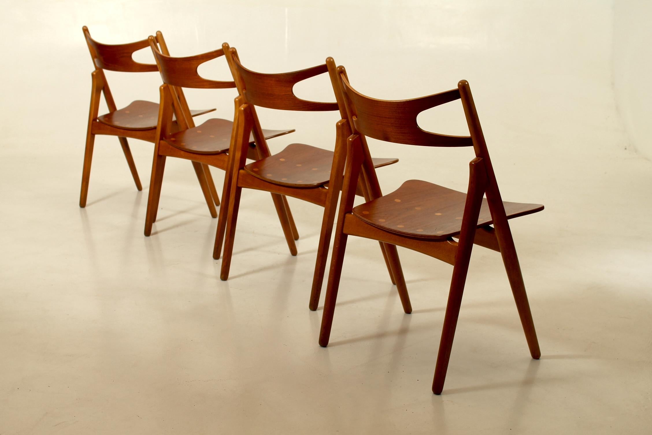 Danish Original set of 4 plywood teak and oak, model CH29 Wegner chairs.