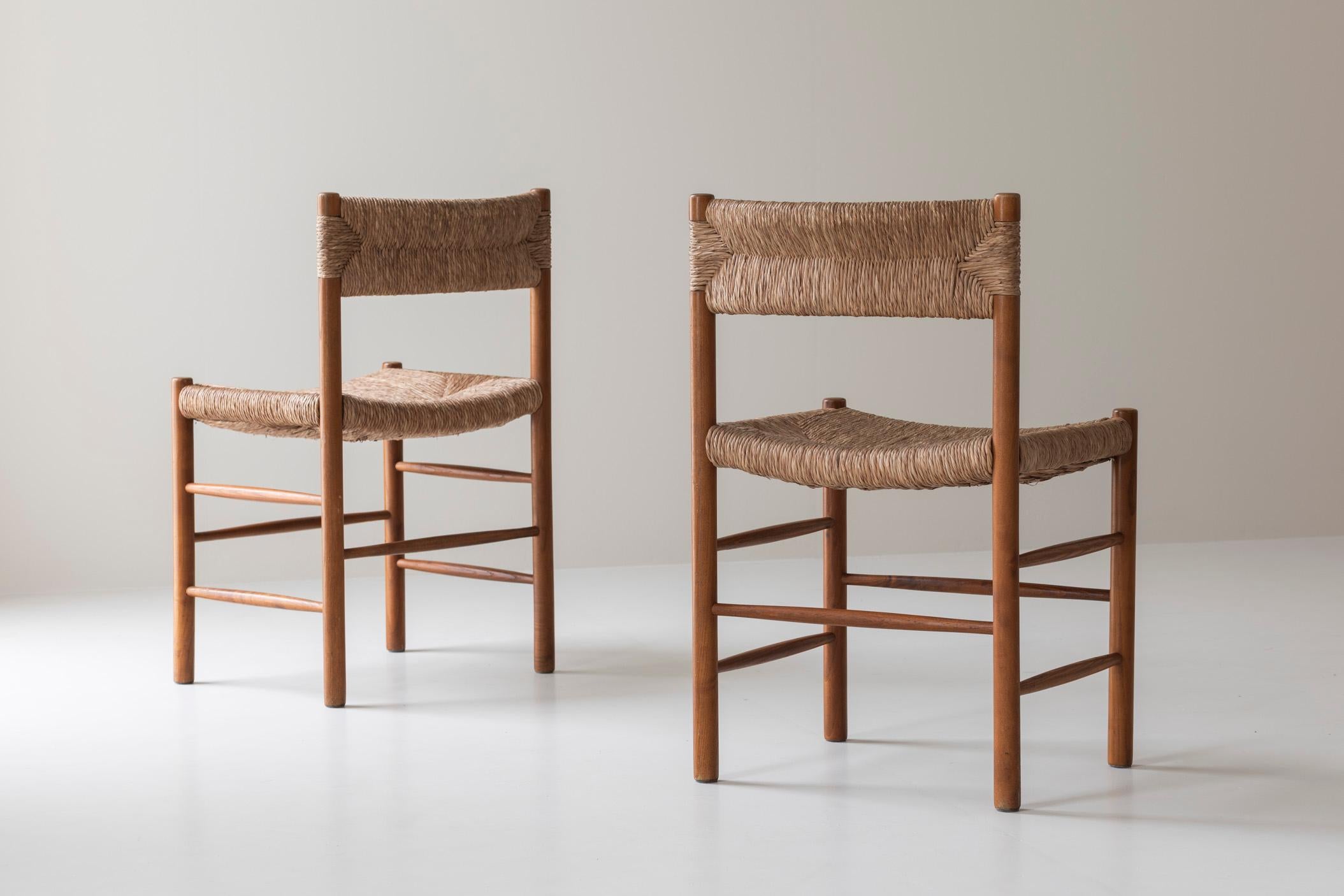 Paille Ensemble original de six chaises 'Dordogne' par Charlotte Perriand pour Sentou, années 1960