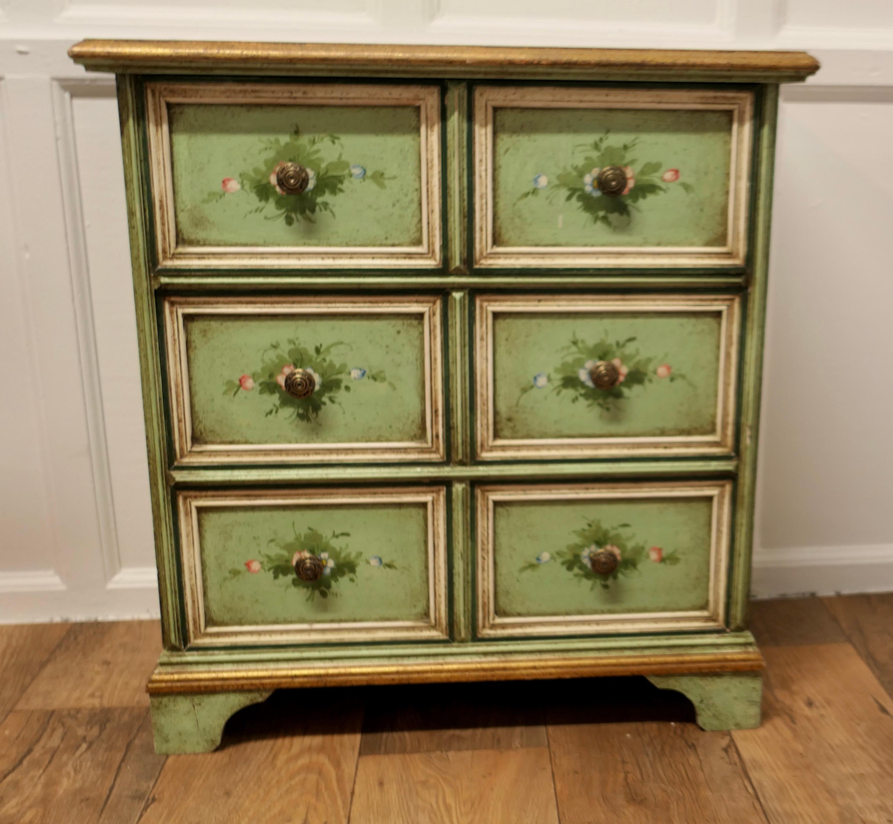 Original Shabby Painted Chest of Drawers

This delightful 3 Drawer Chest of drawers is in its original painted finish which is in used but still very attractive condition 
This is a good quality piece, it has a shaped moulded edge in gold to the