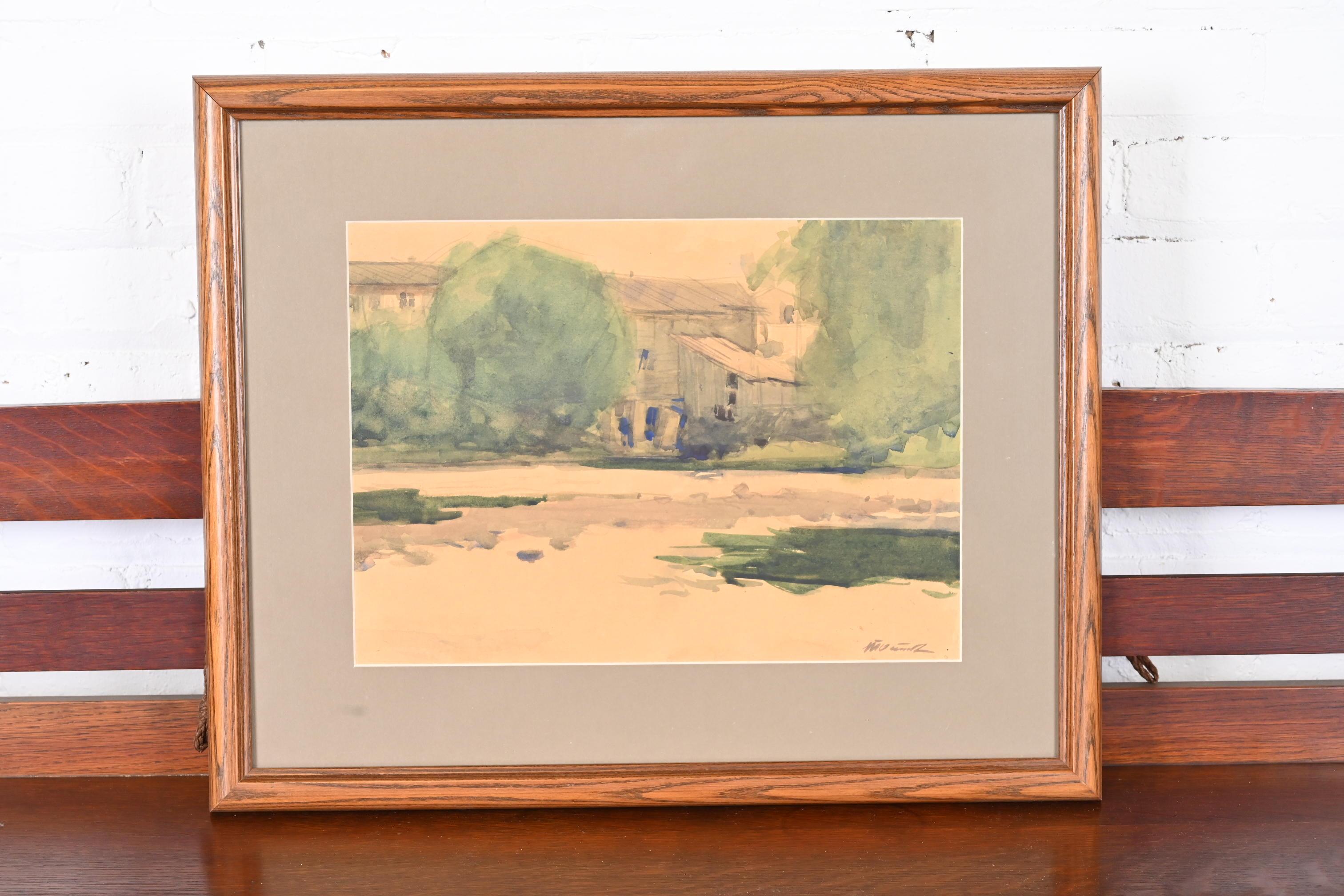 Mid-Century Modern Original Signed Abstract Landscape Framed Watercolor Painting For Sale