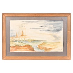 Pittura ad acquerello astratta di paesaggio firmata originale