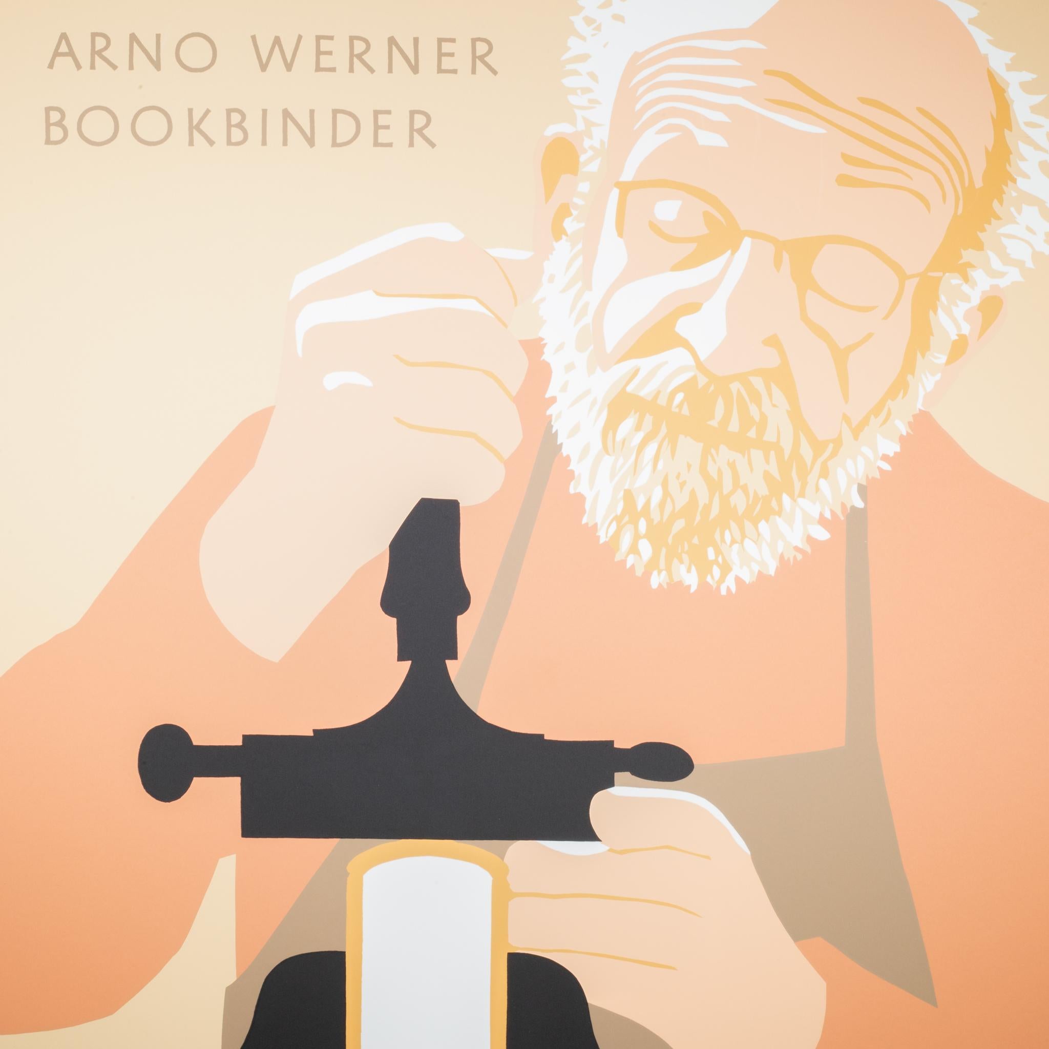 ABOUT

Original 6-color, hand silkscreen limited edition poster, Lance Hidy's Posters, signed by artist Lance Hidy and numbered #47/300. Lance produced this poster celebrating both his show and his friend Arno Werner. A striking portrait of a master