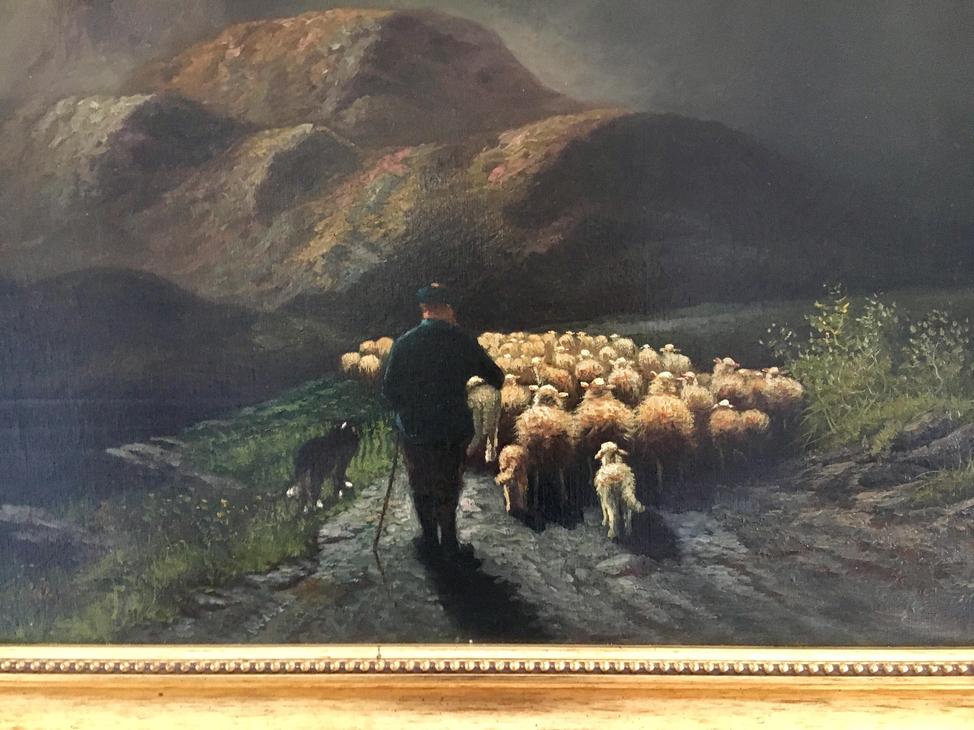 Unknown Original Signed Antique Oil Painting the Sheep Herder