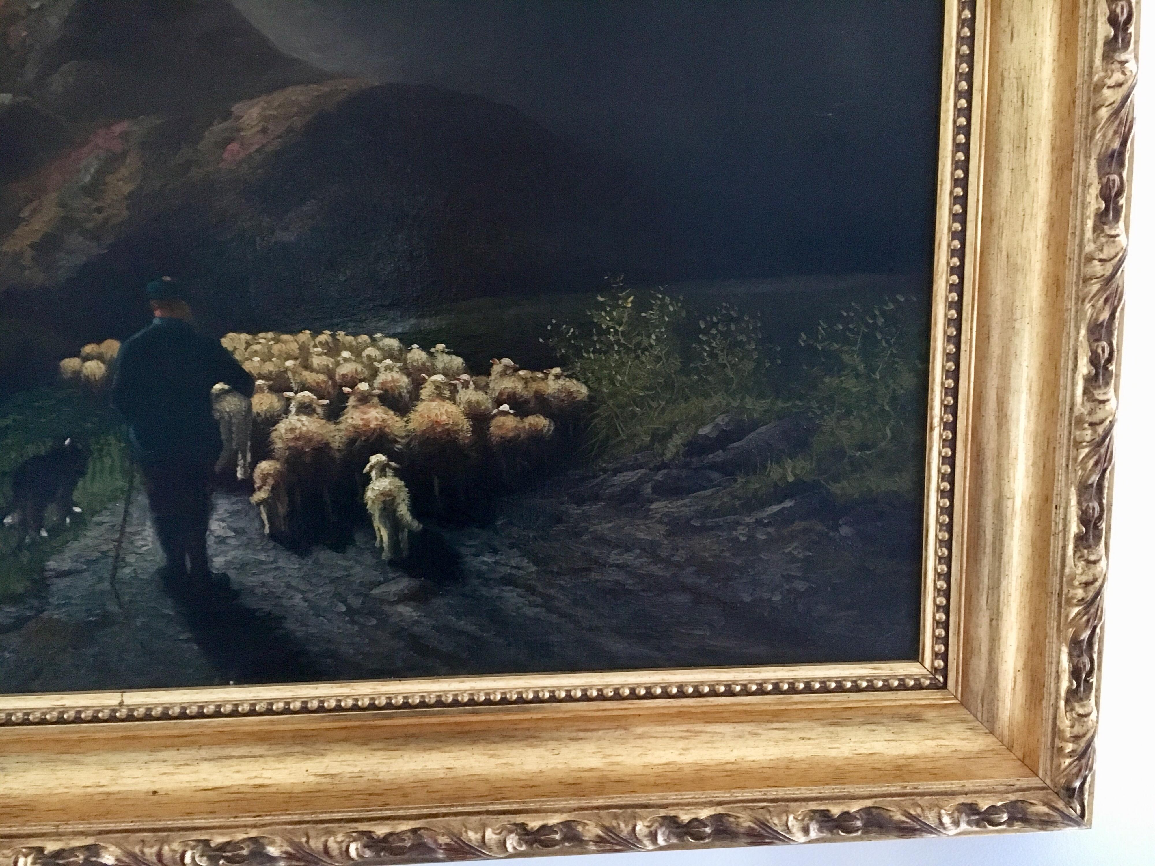 Original Signed Antique Oil Painting the Sheep Herder In Good Condition In West Hartford, CT