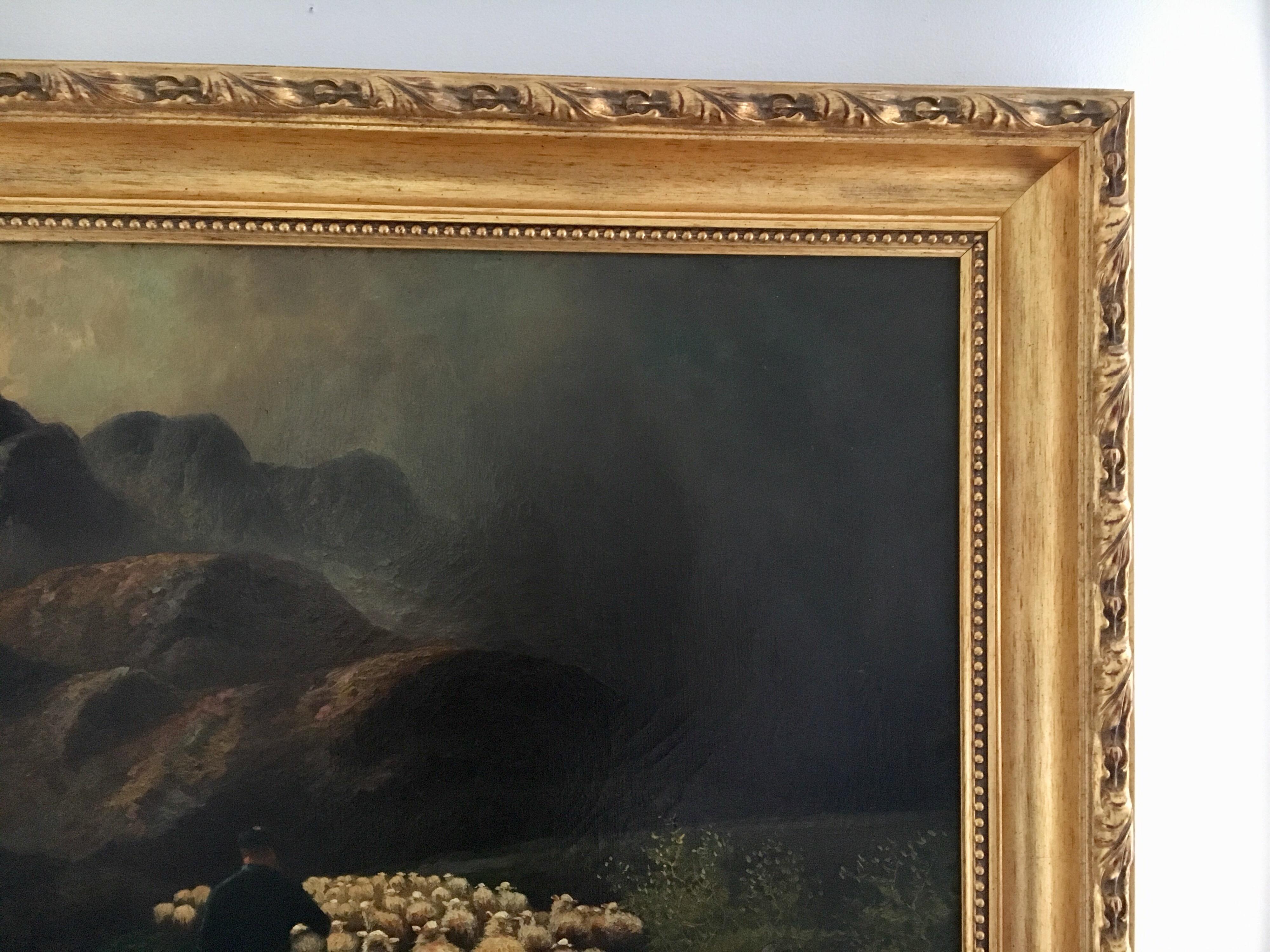 20th Century Original Signed Antique Oil Painting the Sheep Herder