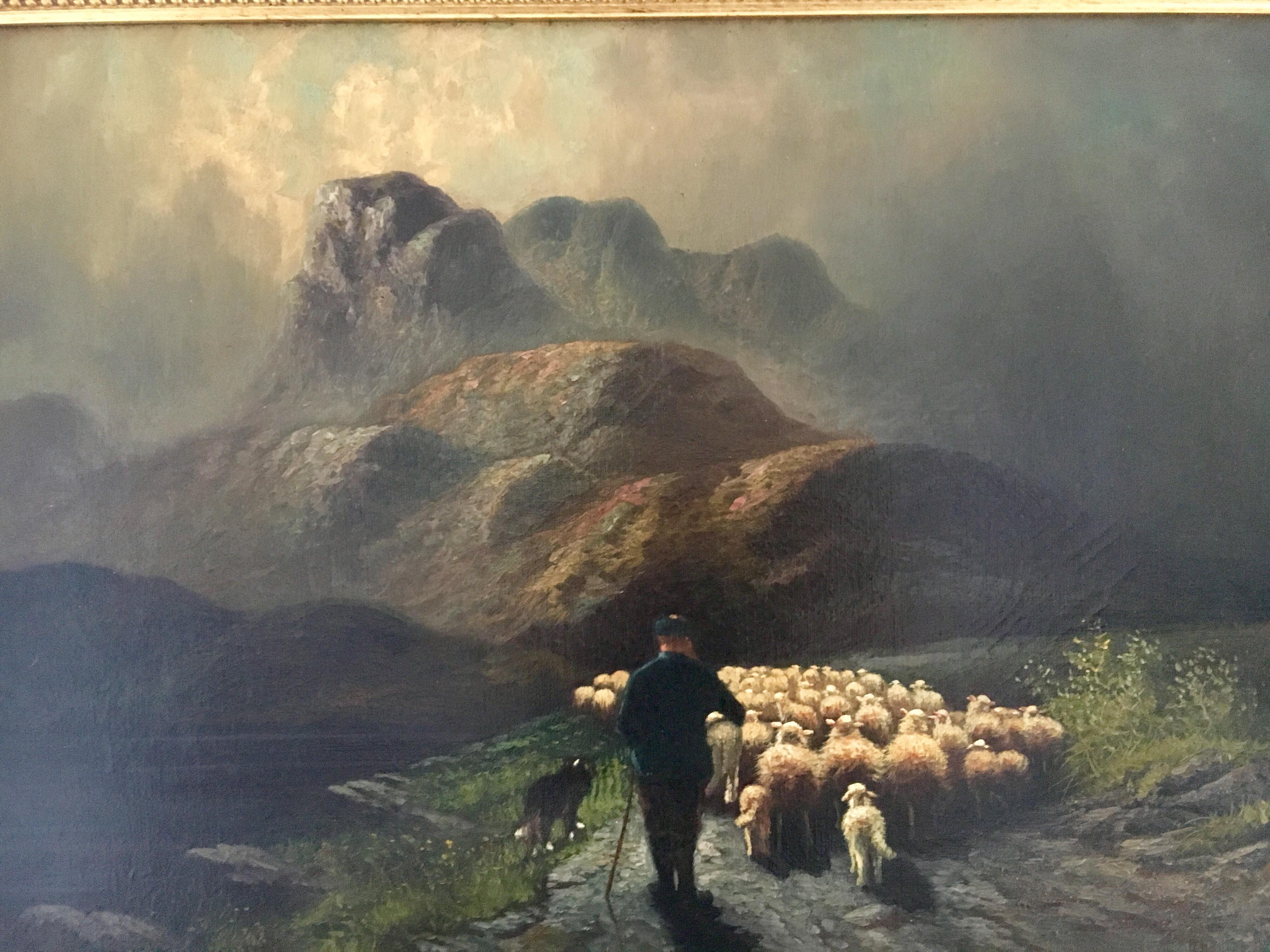 Canvas Original Signed Antique Oil Painting the Sheep Herder