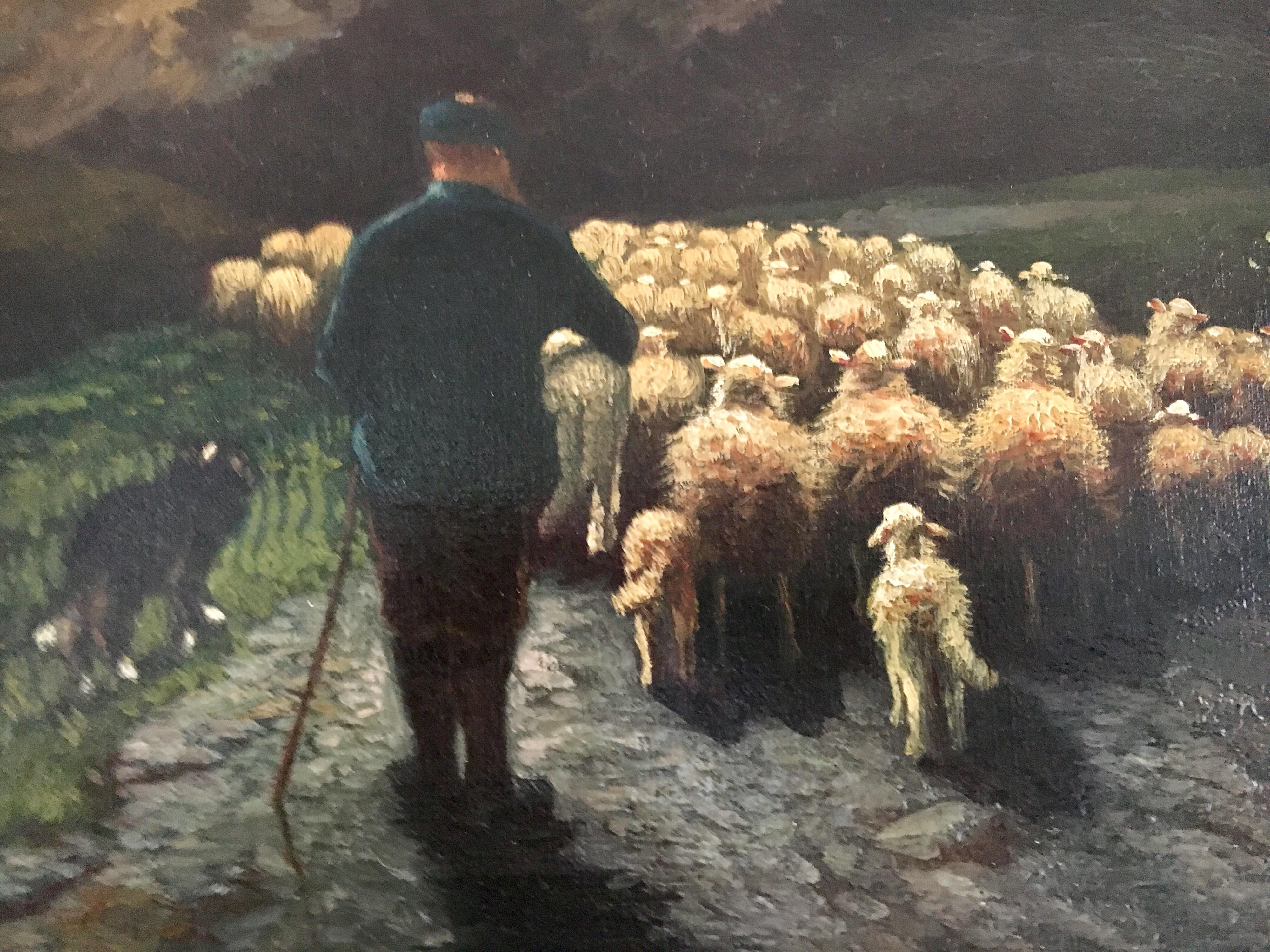 Original Signed Antique Oil Painting the Sheep Herder 3