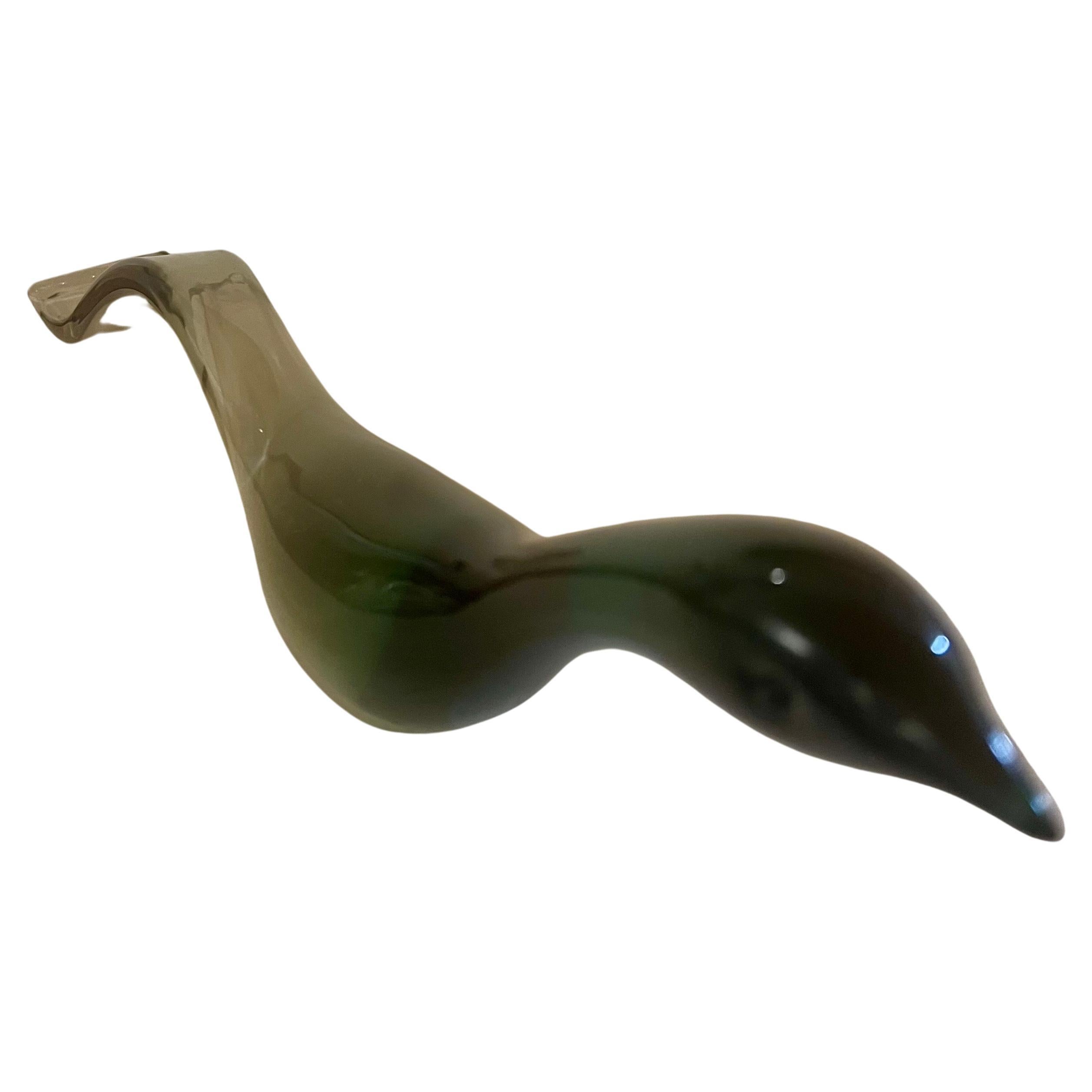 Striking signed bird sculpture by Loredano Rosin for Salviati, circa 1960's beautiful colors small chip on the pick in green and smoke tail very rare piece . sold AS/Is condition.