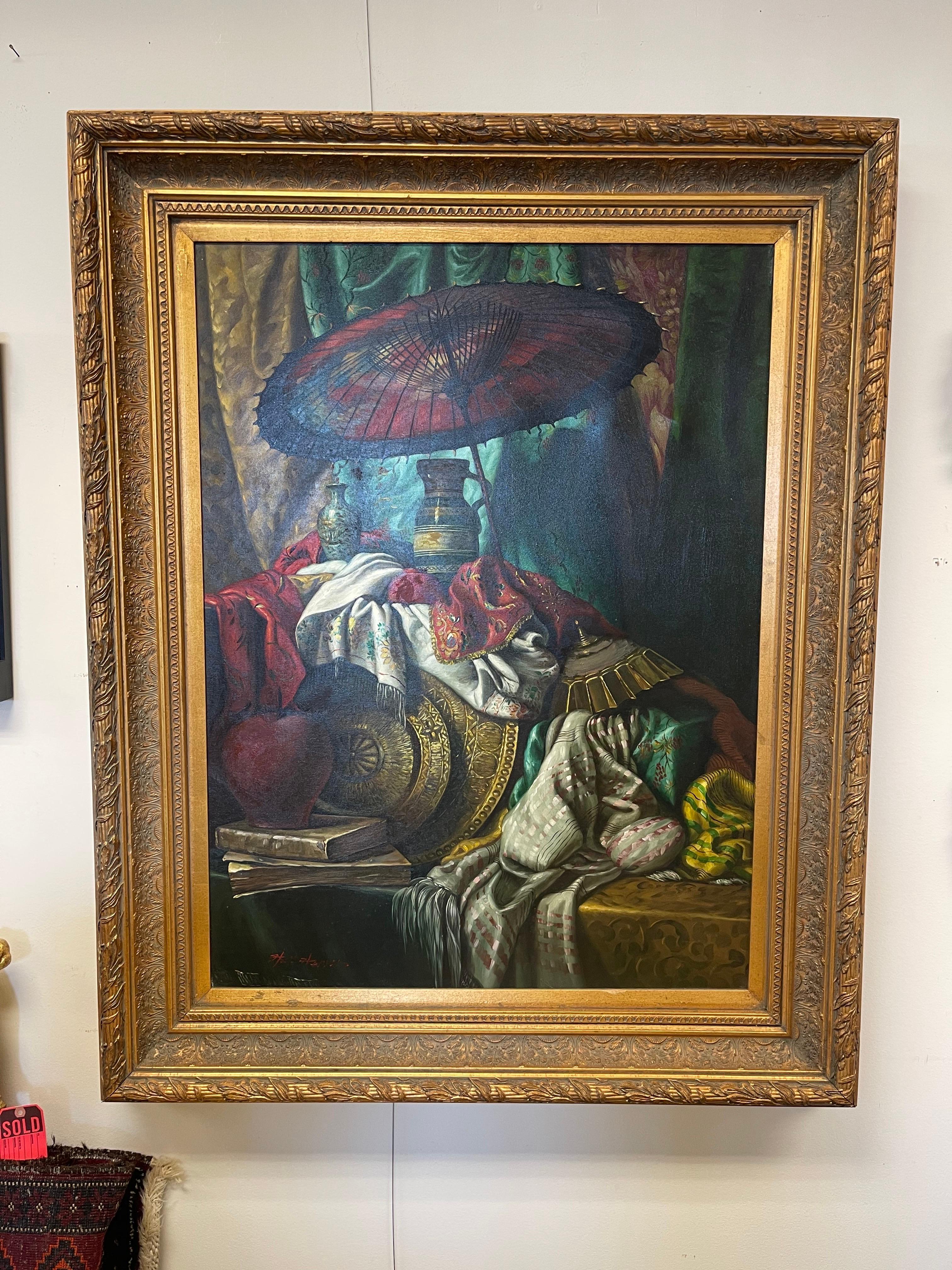 Canvas  Original Signed Bric-a-Brac Still Life Oil Painting Ode to George Henry Hall For Sale
