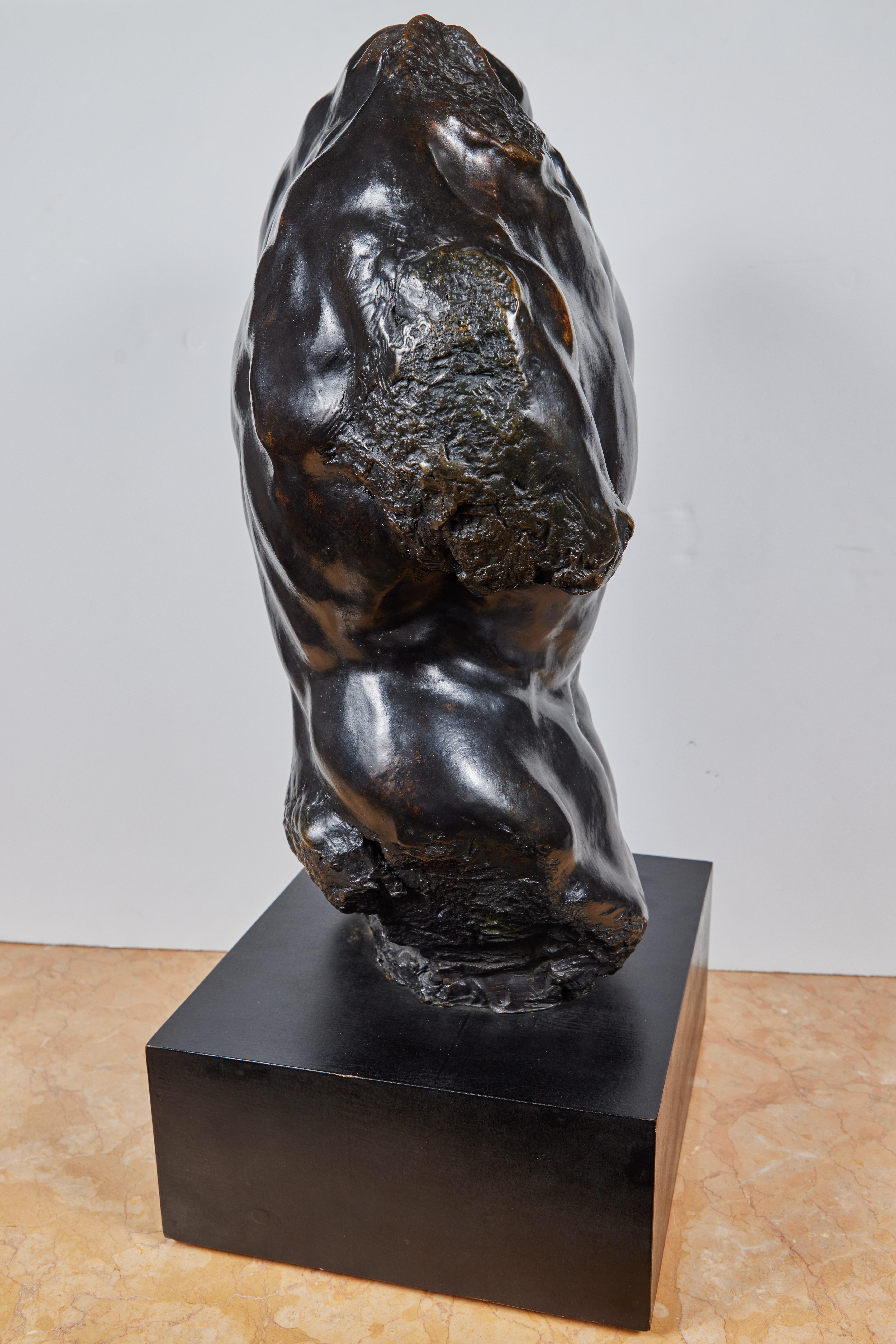 A solid, patinated cast bronze sculpture of a male torso in motion, Bias, by listed, award winning American artist, Gary Weisman (b. 1952). Bronze: 23