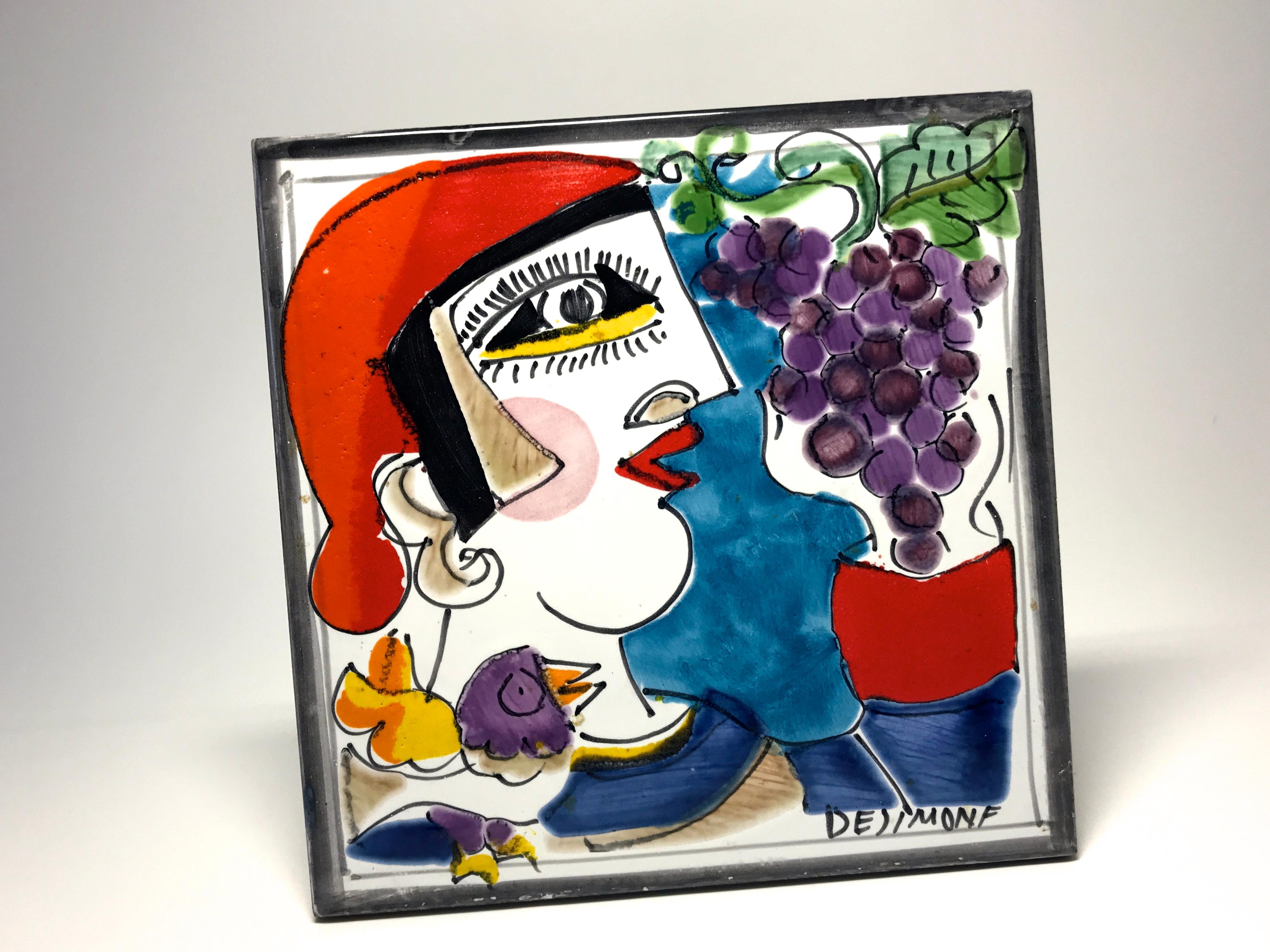 20th Century Original Signed by Giovanni DeSimone, Italy, Hand Painted Ceramic Tile Grapes