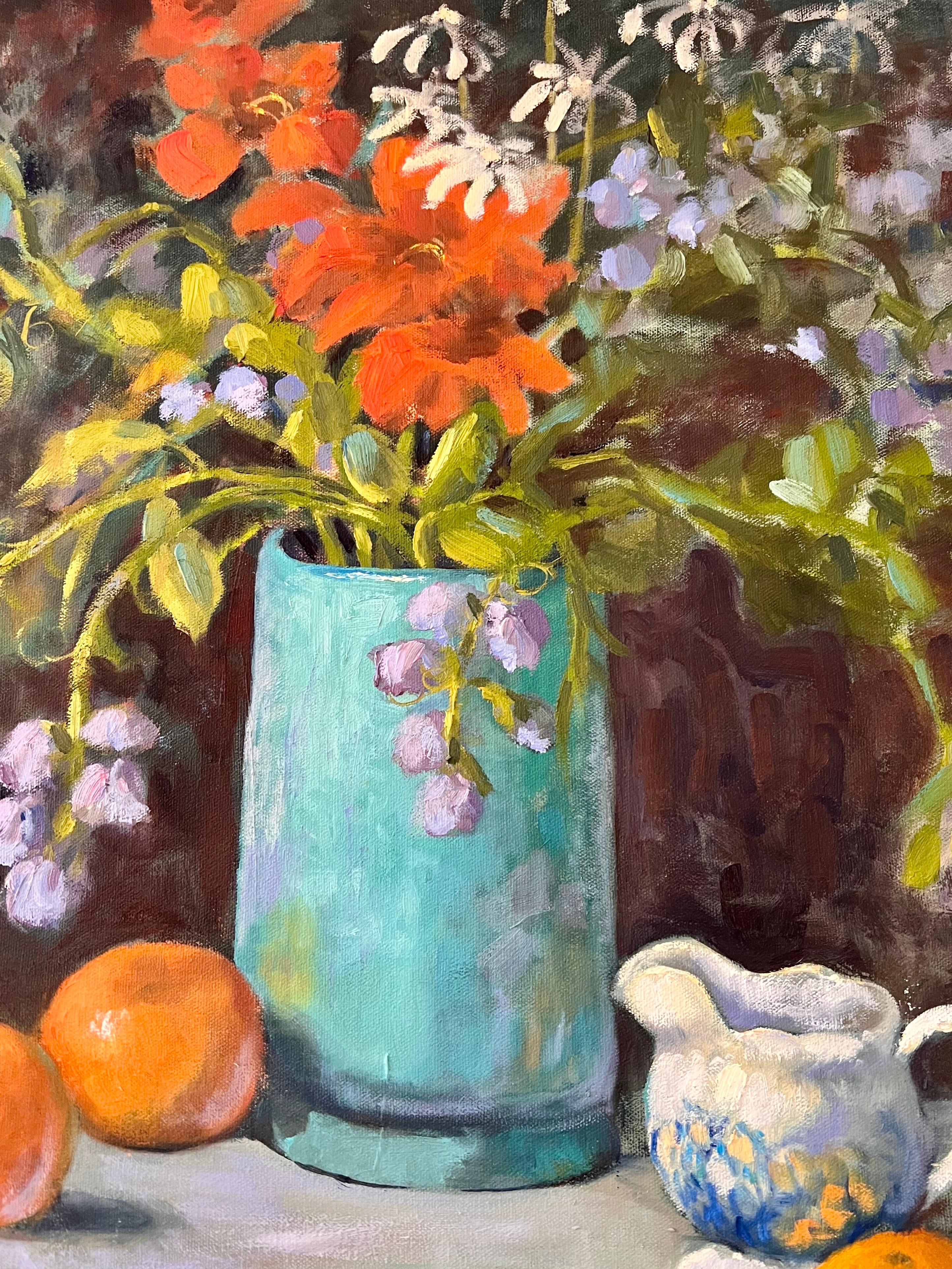 Mid-Century Modern Original Signed Carol Reeves Vintage Still Life Painting Oranges & Flowers For Sale