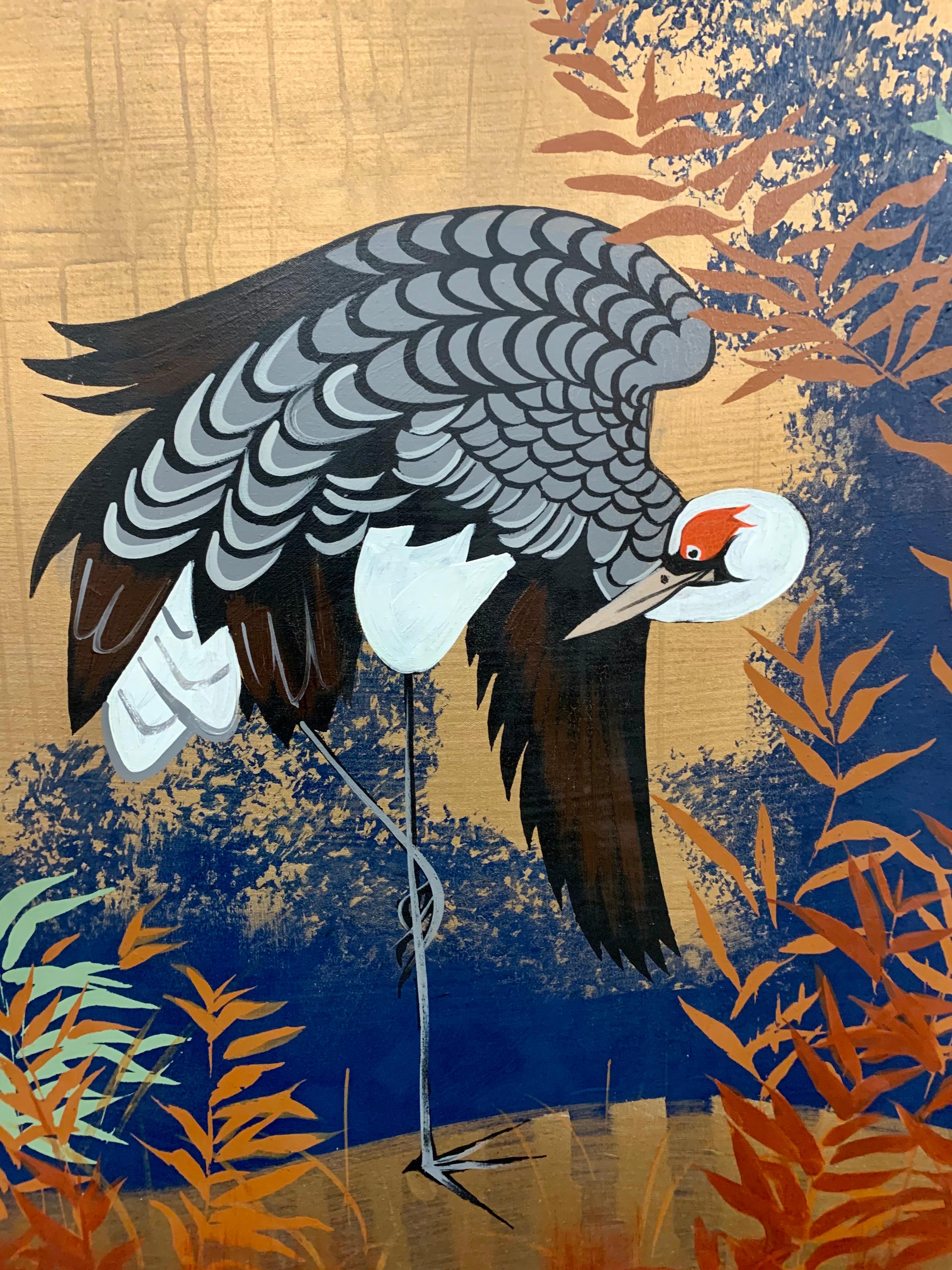 Large original chinoiserie style painting of a crane, the symbol of longevity and good luck in Asia. It is displayed in a faux bamboo frame. Signed by Lee Reynolds.