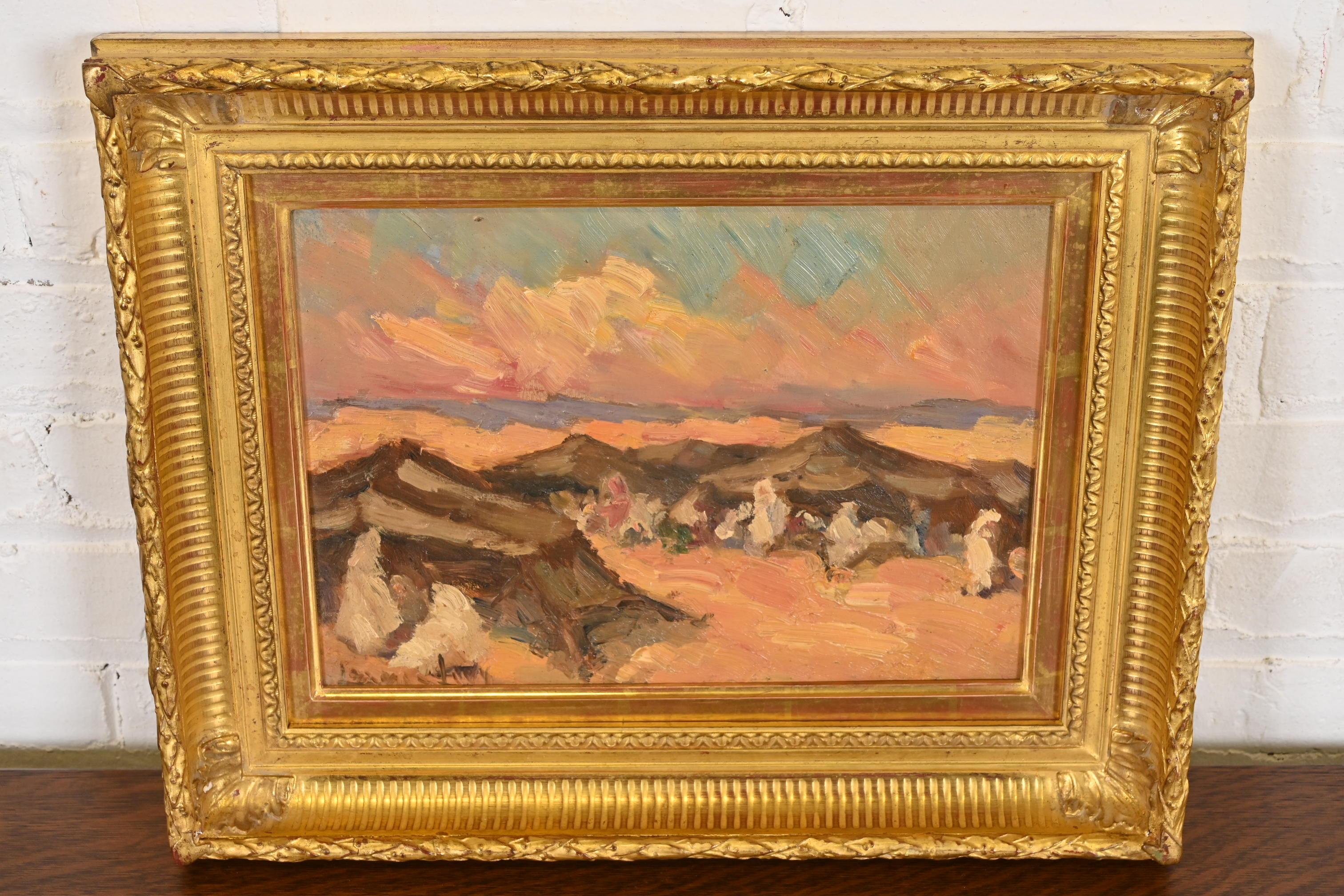 Original signierte Wüste Landschaft Ölgemälde in geschnitzten Giltwood Rahmen (Volkskunst) im Angebot