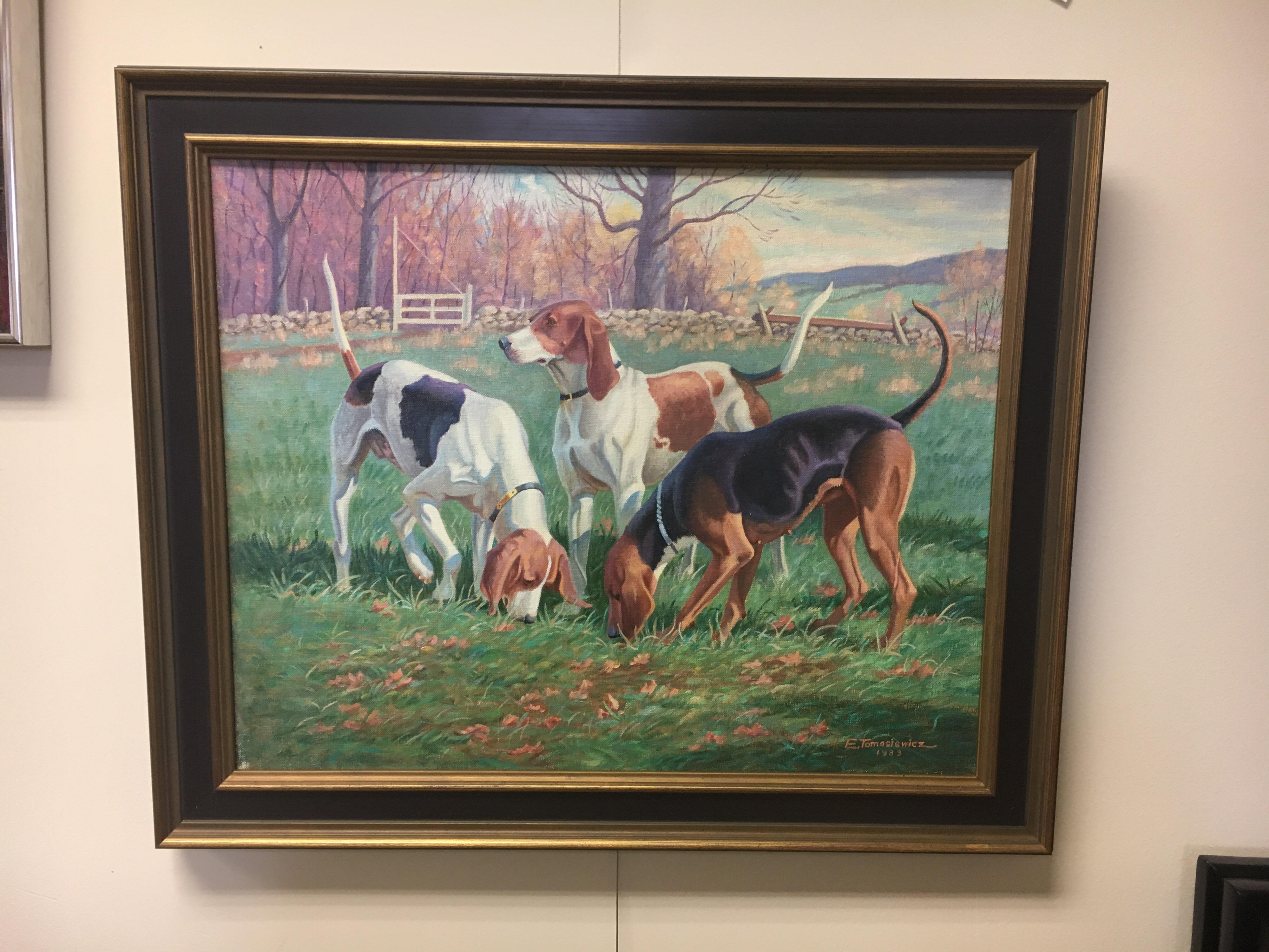 American Original Signed Edward Tomasiewicz Oil Painting Gathering of Dogs
