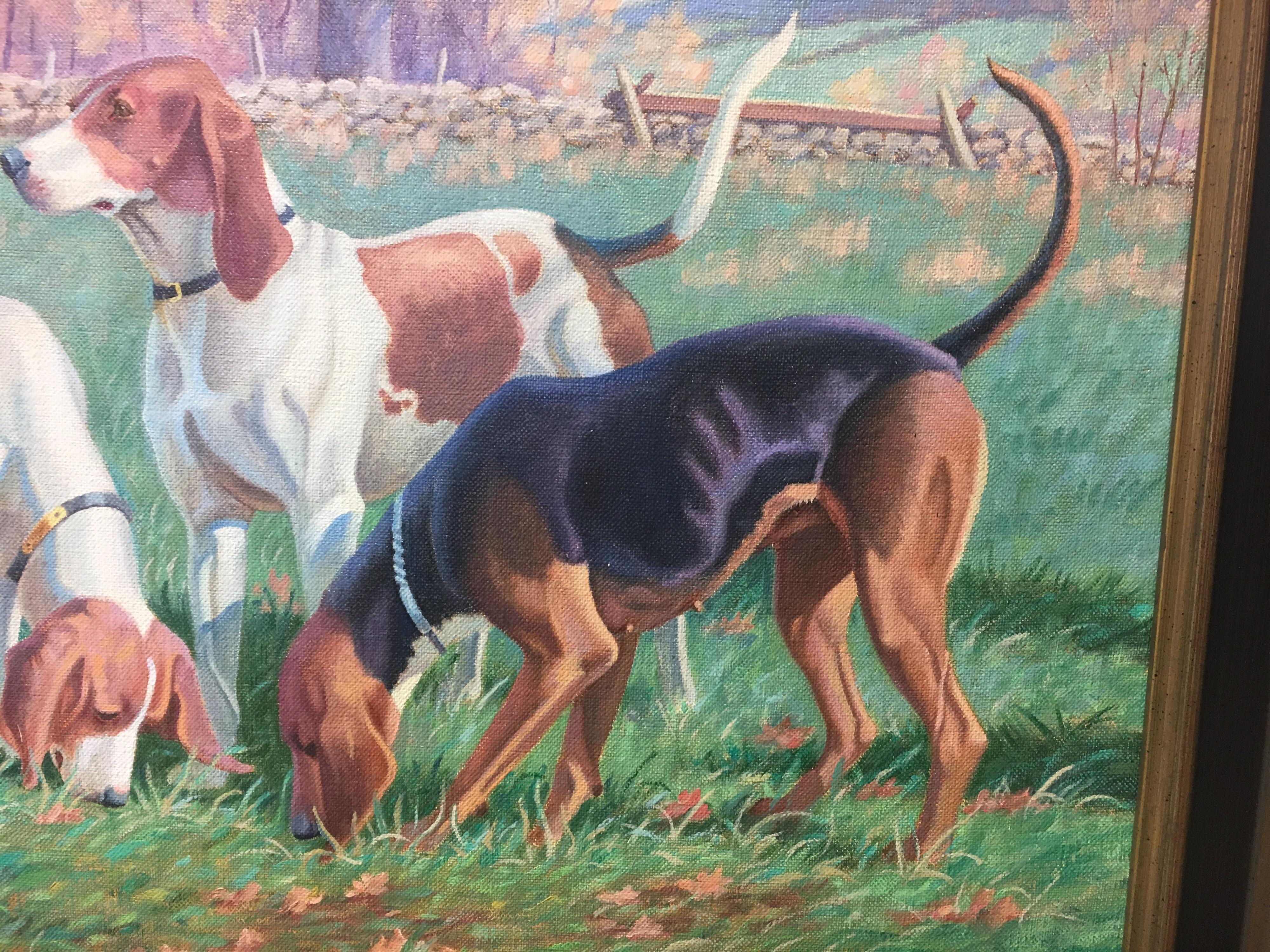 Original Signed Edward Tomasiewicz Oil Painting Gathering of Dogs 2