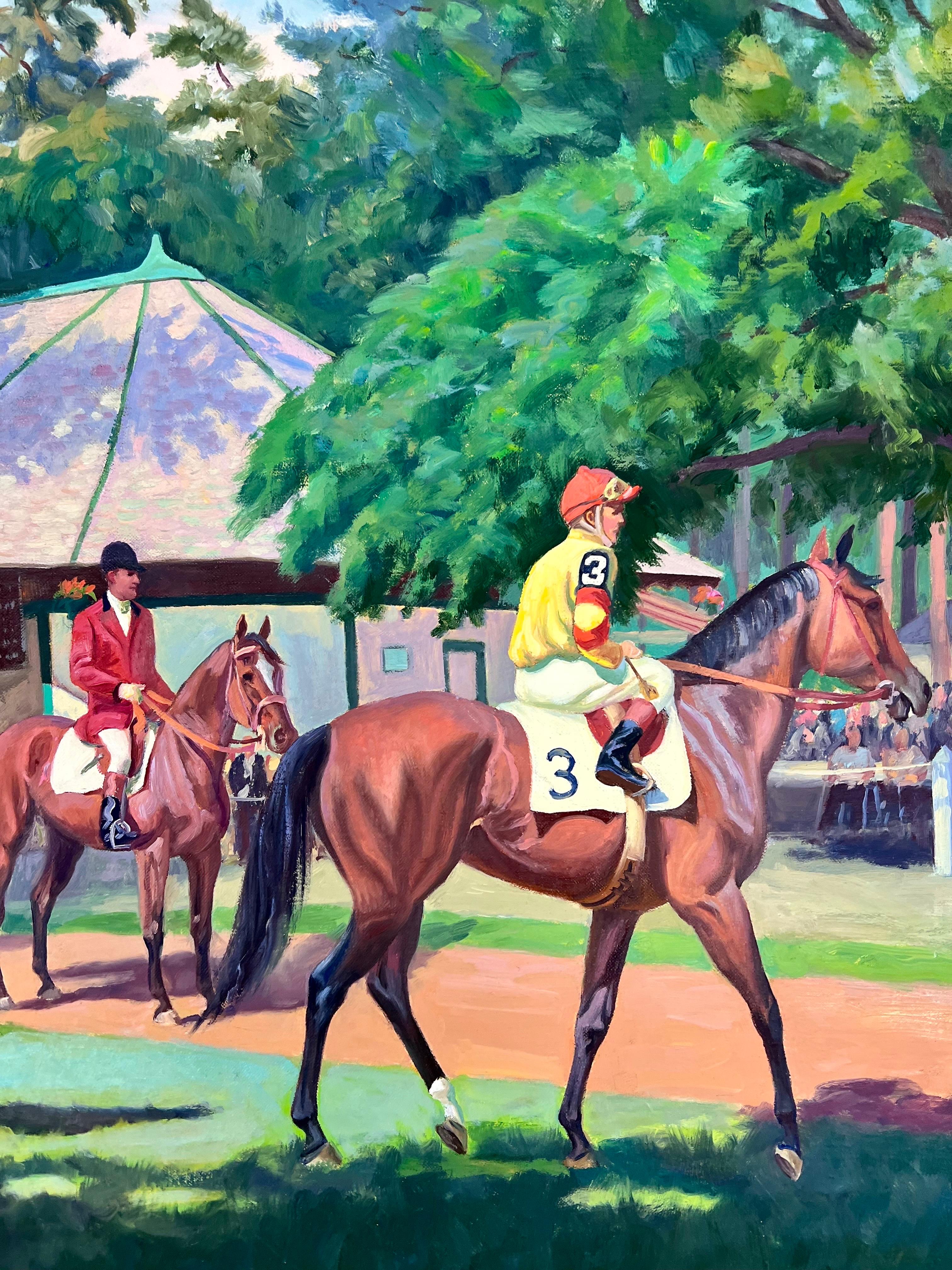 American Original Signed Edward Tomasiewicz Oil Painting Horses Before the Saratoga Races For Sale