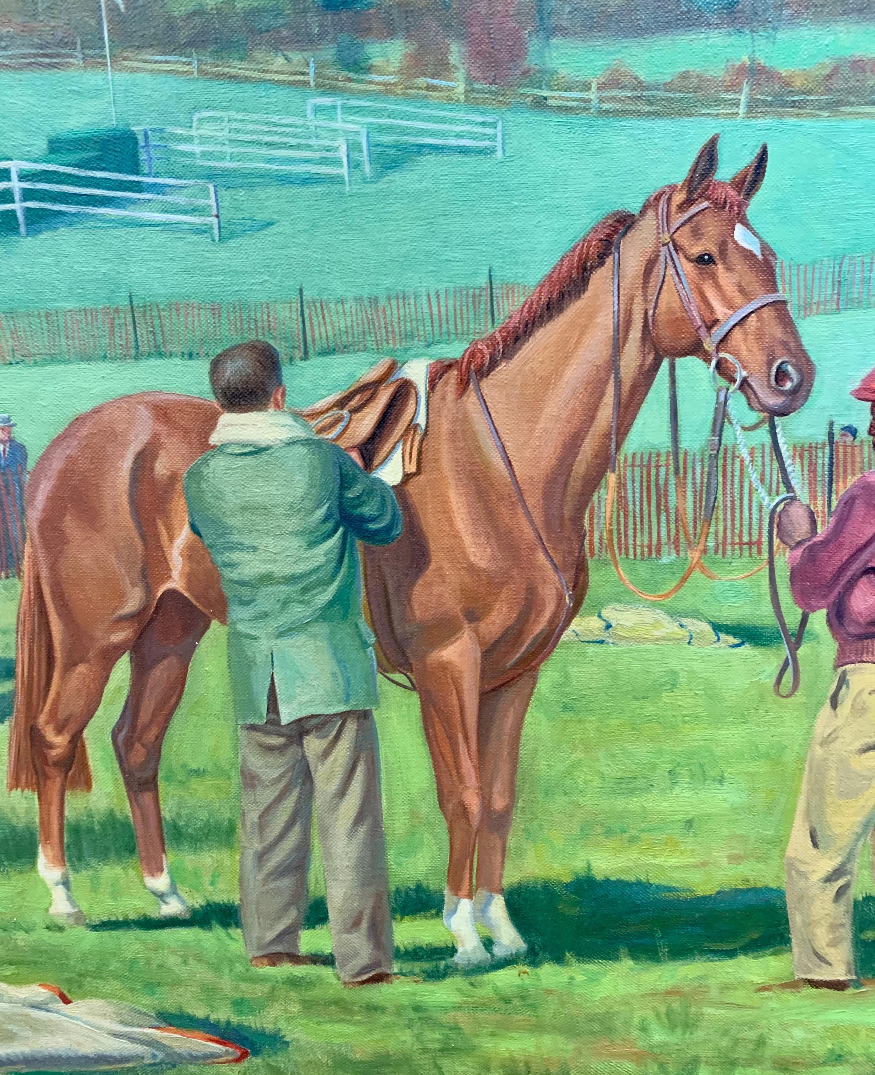 Original signed oil painting of horse before the steeplechase by Connecticut artist Edward Tomasiewicz, (1919-2006). Medium is oil on canvas and frame is original. Tomasiewicz's equestrian works of art are his most sought after, circa 1957.