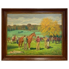 Retro Original Signed Edward Tomasiewicz Oil Painting Horses Before the Steeplechase
