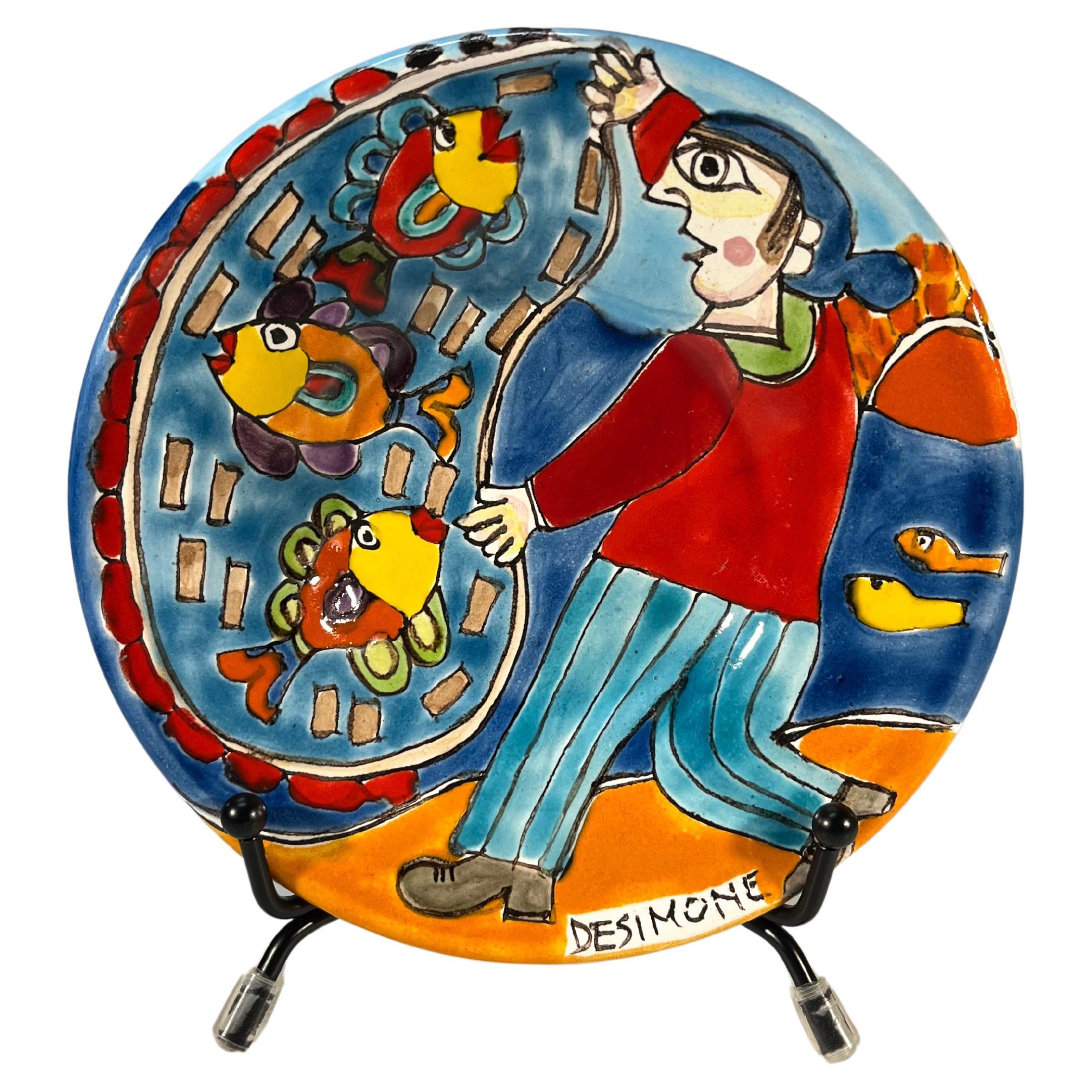 Original Signed, Giovanni DeSimone 'Fisherman With Catch' Ceramic Plate c1960's For Sale