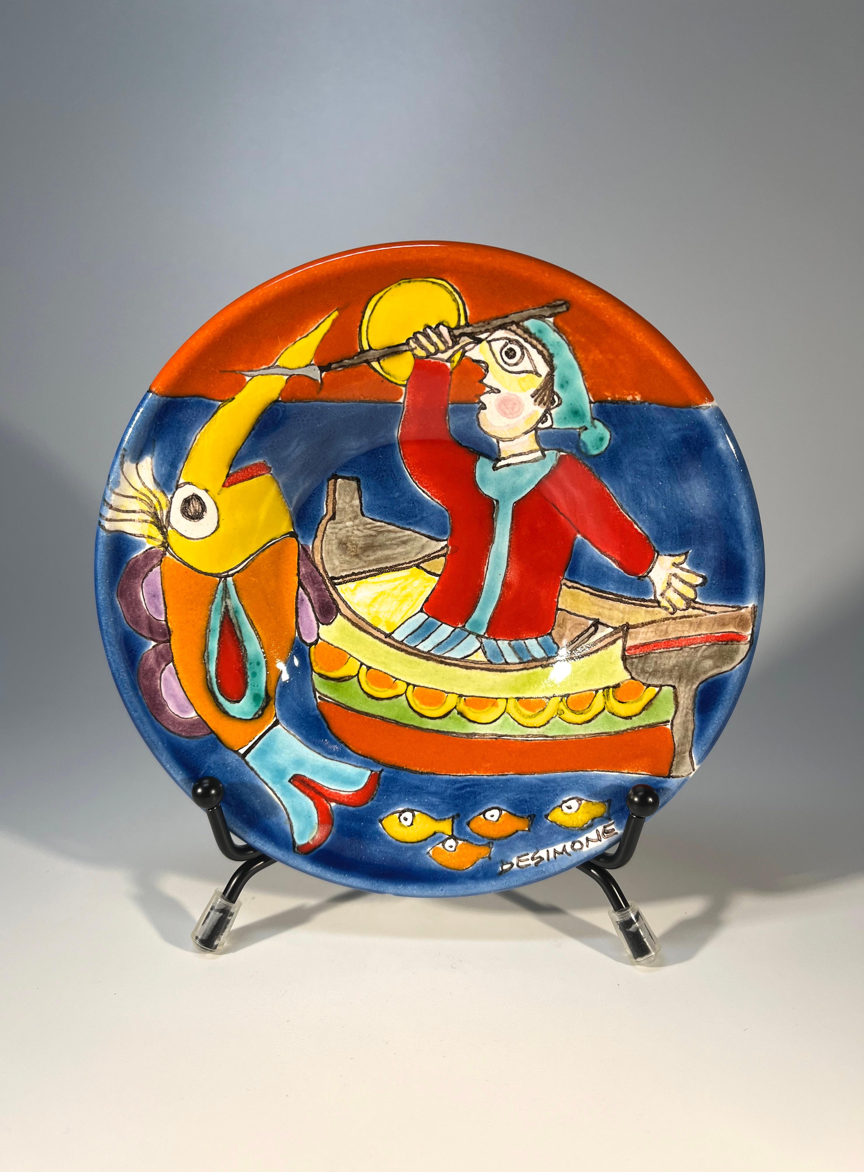Original and signed by Giovanni DeSimone, this hand-painted little plate is full of colour and life depicting a busy Sicilian fisherman
Small in size, huge on personality - Giovanni at his best
The condition of this piece is exceptional 
Signed to