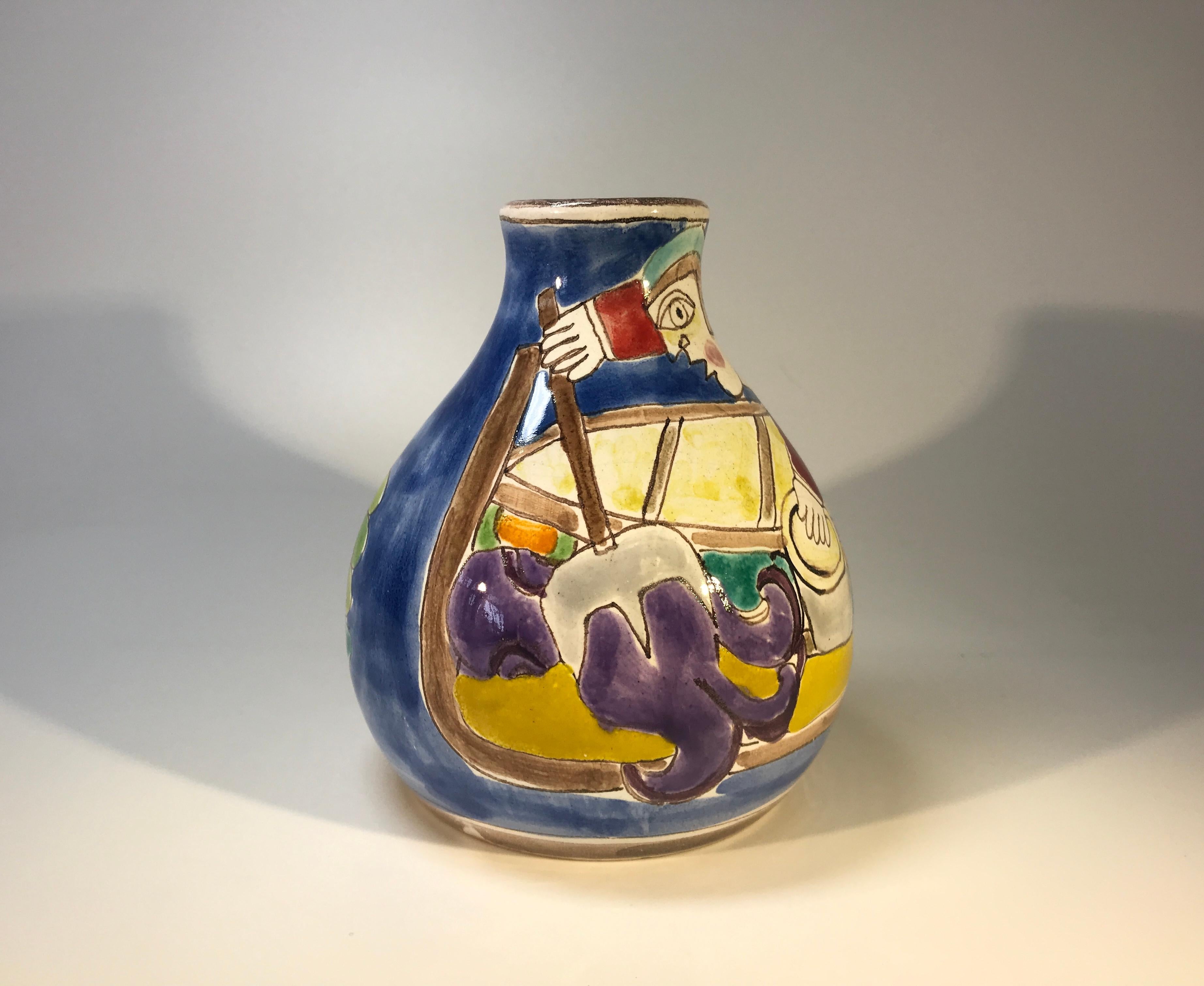 Original and signed by Giovanni Desimone, this hand painted bulbous vase is full of color and life
Typically showing an Italian fishermen at work
A substantial piece of Giovanni at his best
Signed to front by Giovanni Desimone
Signed DeSimone