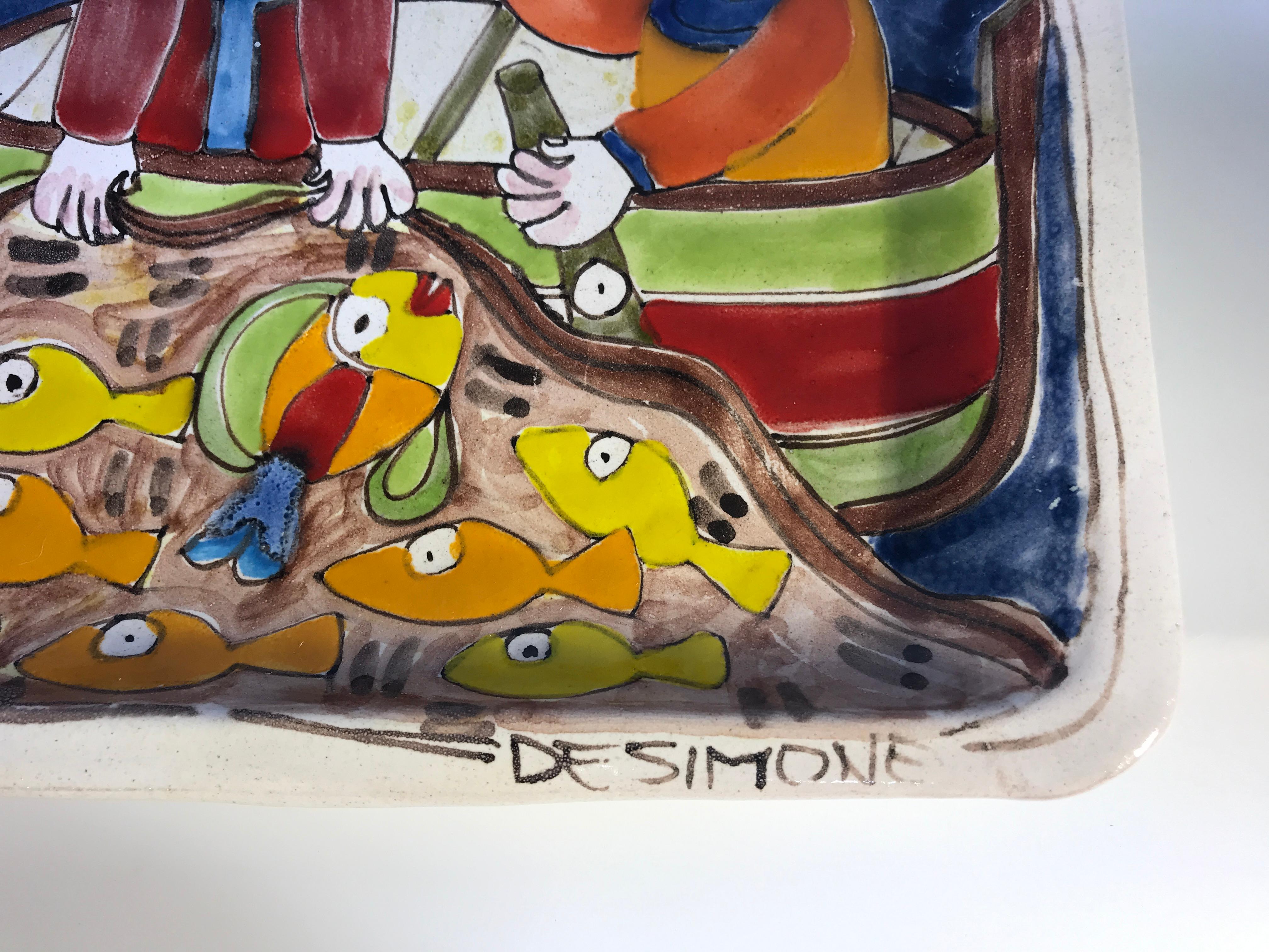 Original Signed Giovanni DeSimone, Hand Painted Two Fishermen Italian Dish 1960s In Good Condition In Rothley, Leicestershire
