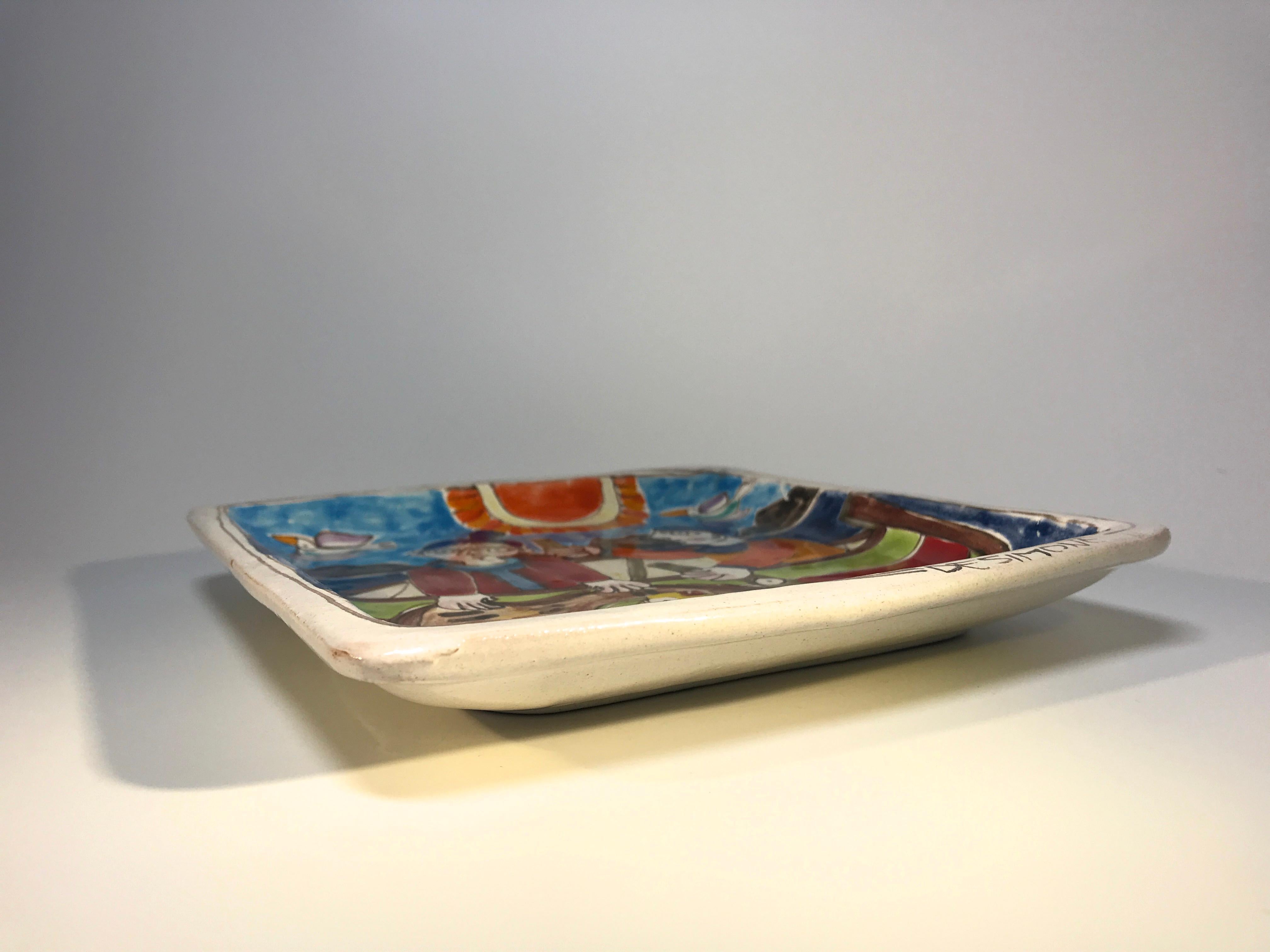 Original Signed Giovanni DeSimone, Hand Painted Two Fishermen Italian Dish 1960s 1