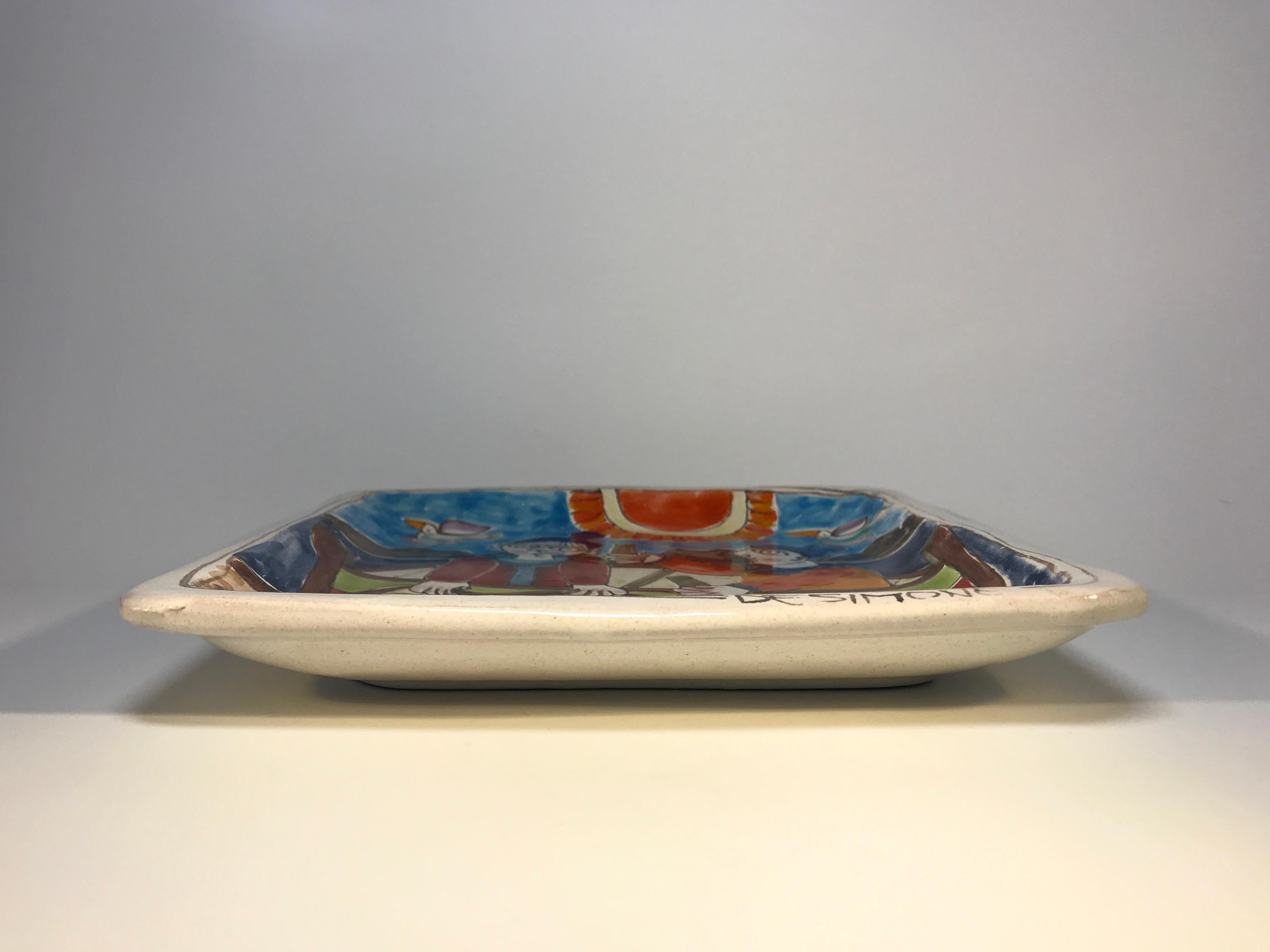 Original Signed Giovanni DeSimone, Hand Painted Two Fishermen Italian Dish 1960s 2