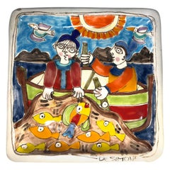 Original Signed Giovanni DeSimone, Hand Painted Two Fishermen Italian Dish 1960s