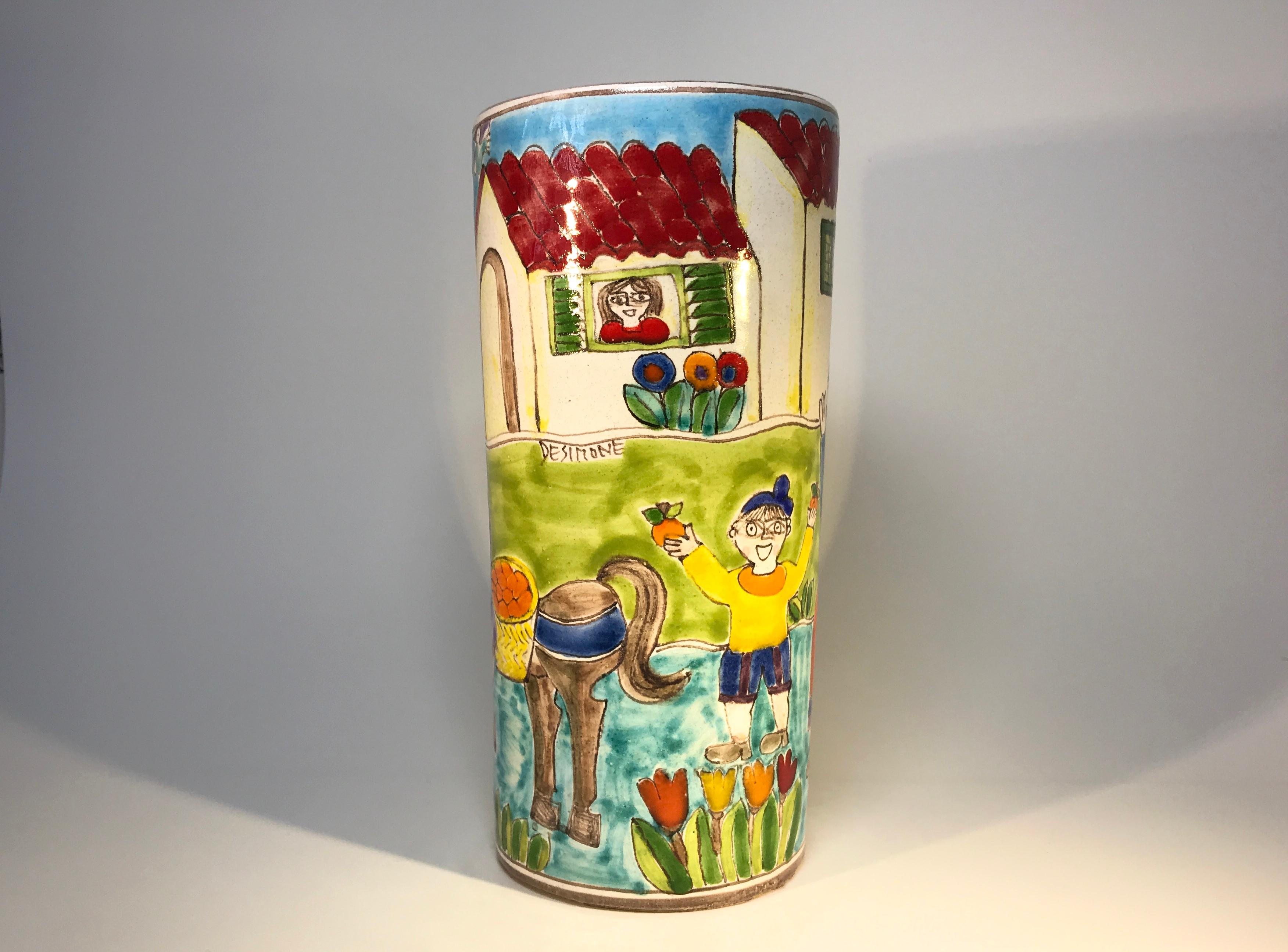 Original Signed Giovanni DeSimone Hand Painted 'Village Life' Italian Vase 1960s In Good Condition In Rothley, Leicestershire