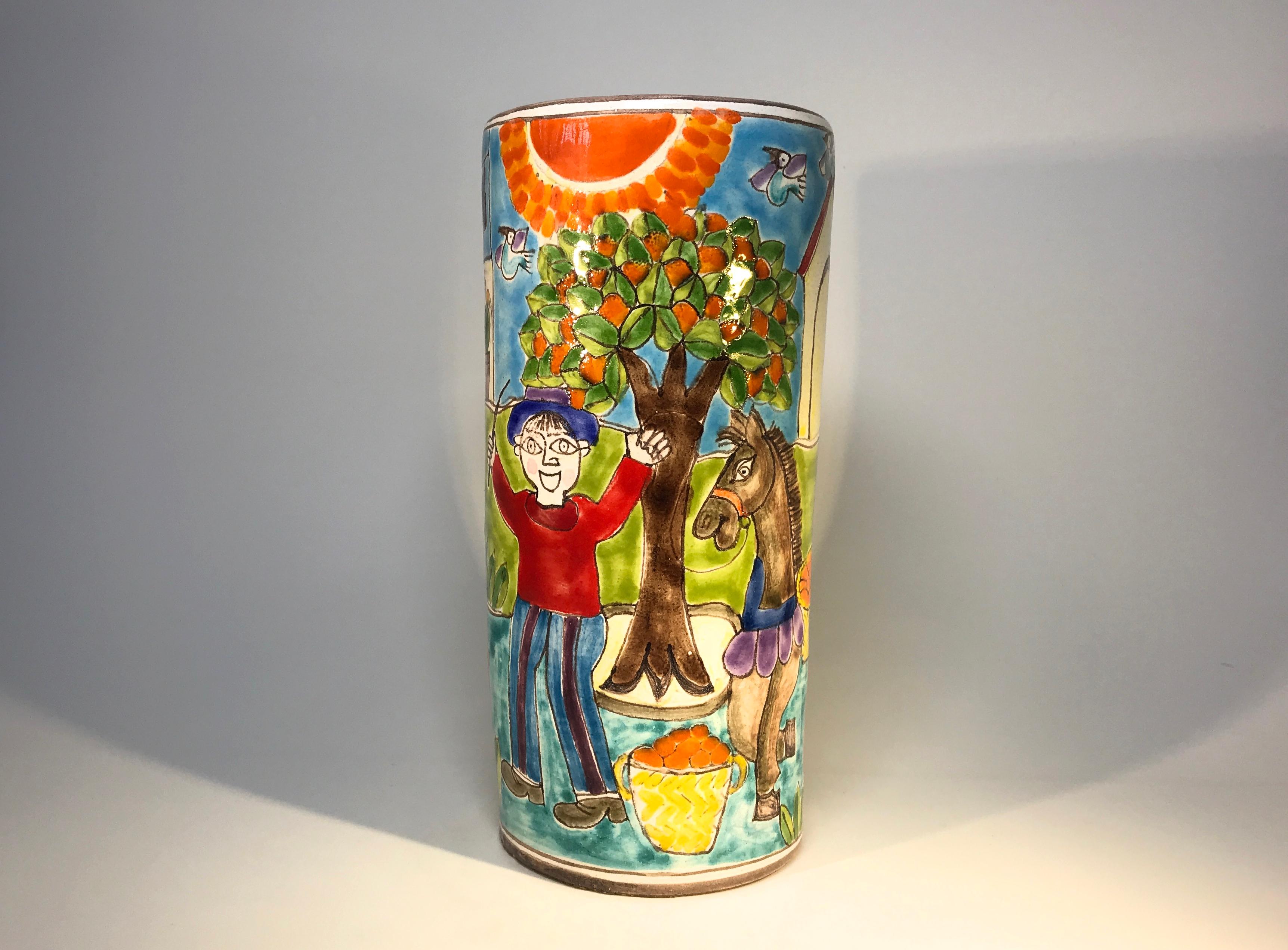 Ceramic Original Signed Giovanni DeSimone Hand Painted 'Village Life' Italian Vase 1960s