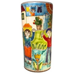 Original Signed Giovanni DeSimone Hand Painted 
Village Life
 Italian Vase 1960s