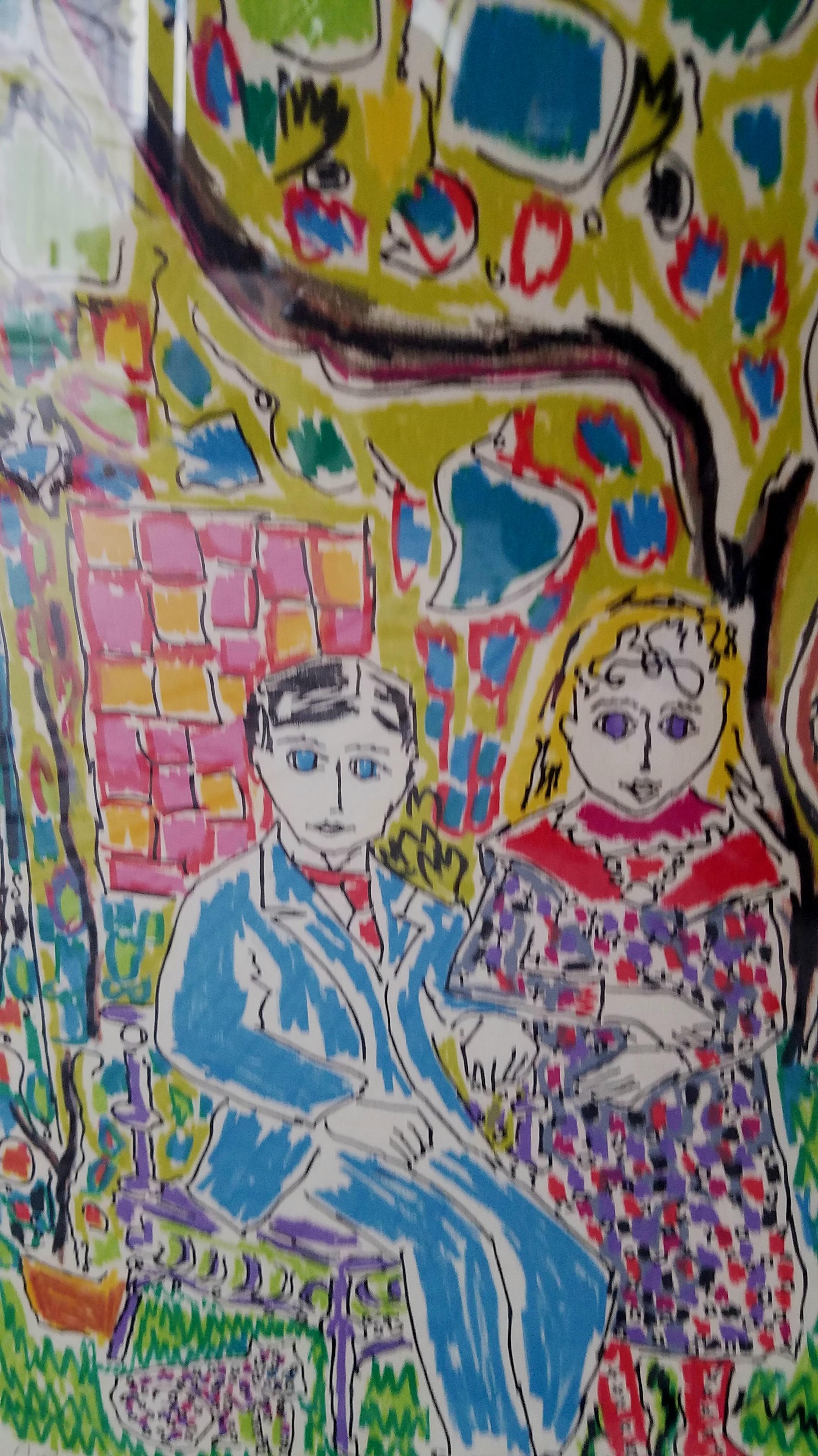 A vibrant and colorful lithograph depicting 2 seated people, a lion, a bull and a leopard in a garden setting. Signed on the lower left, Gloria Vanderbilt, also noted AP as Artist Proof. From an edition of 300 in a green enameled wood frame.