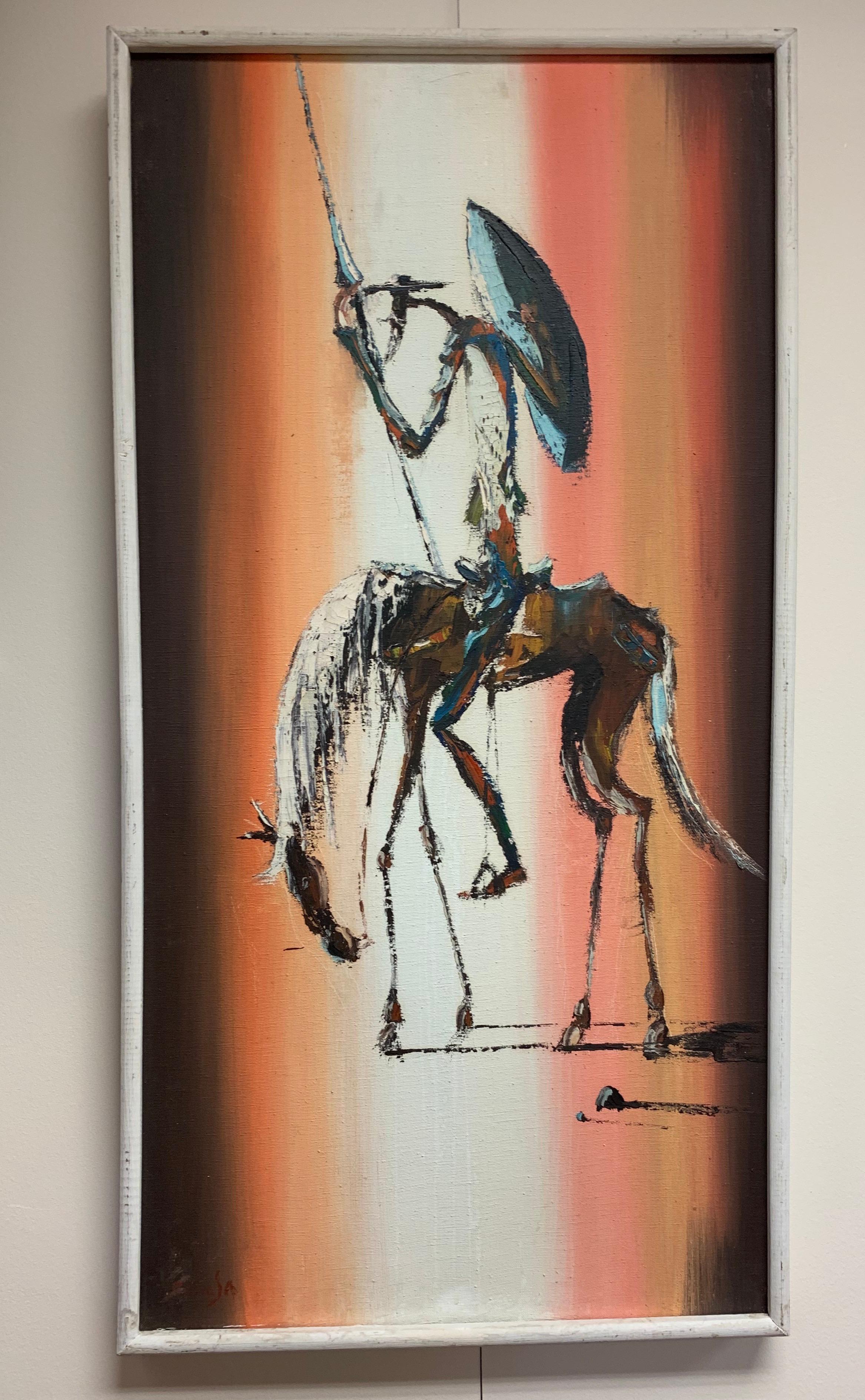 Rare and coveted original oil on canvas painting by Colombia's Guillermo Espinosa. The theme of the original art work is a man on a horse. This would have been painted in the 1950s-1960s. Espinosa died in 2010 and his pieces are well known in Latin