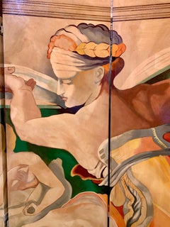 Original Signed Hand Painted Four-Panel Folding Screen Room Divider