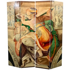 Original Signed Hand Painted Four-Panel Folding Screen Room Divider