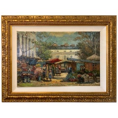 Vintage Original Signed J. Bache Oil Painting of Parisian Street Scene Flower Shop
